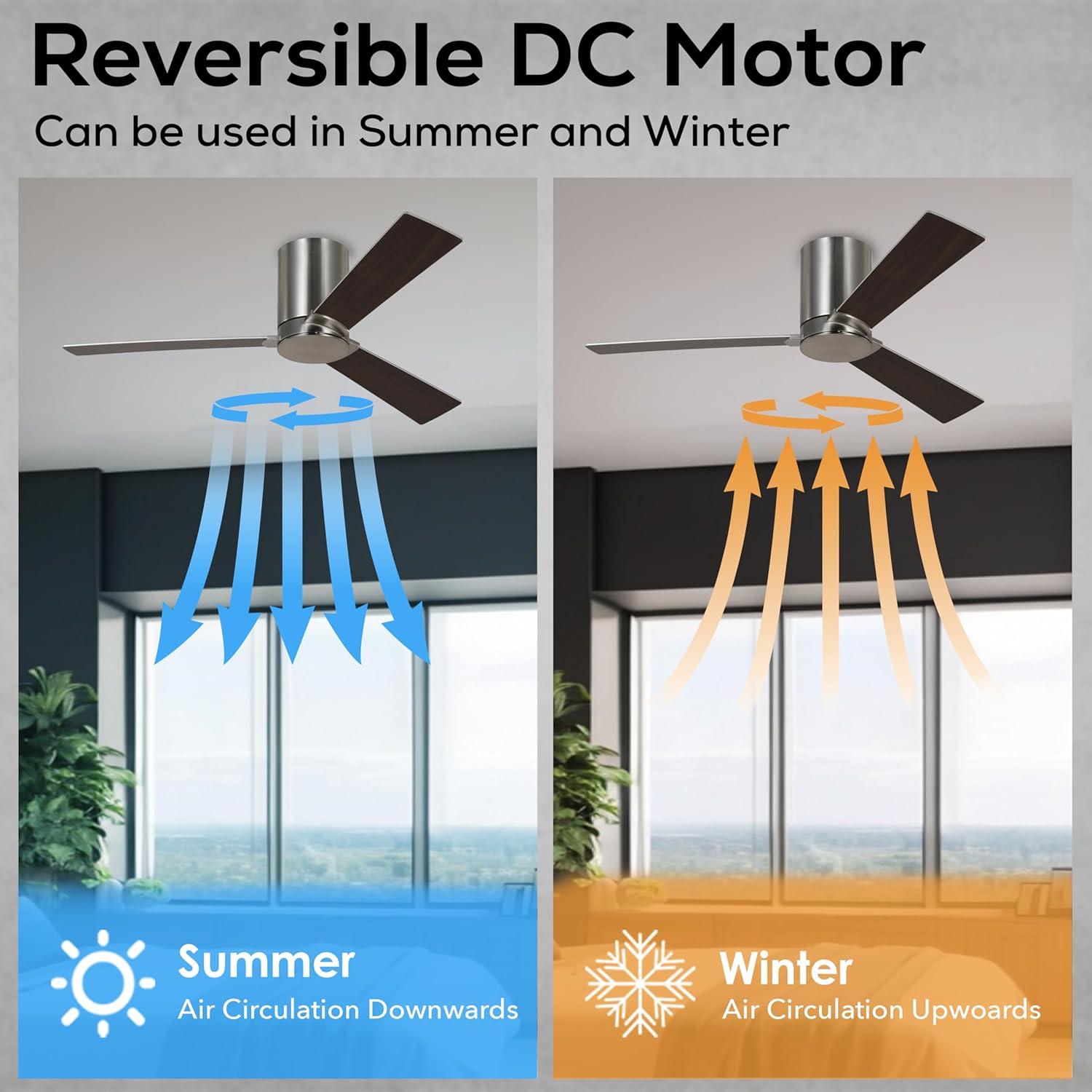 Monte Carlo 3RZHR44BS Rozzen Hugger 44" Ceiling Fan with Remote Control, Reversible DC Motor, Damp Rated, 3 Reversible Blades (Silver and American Walnut)