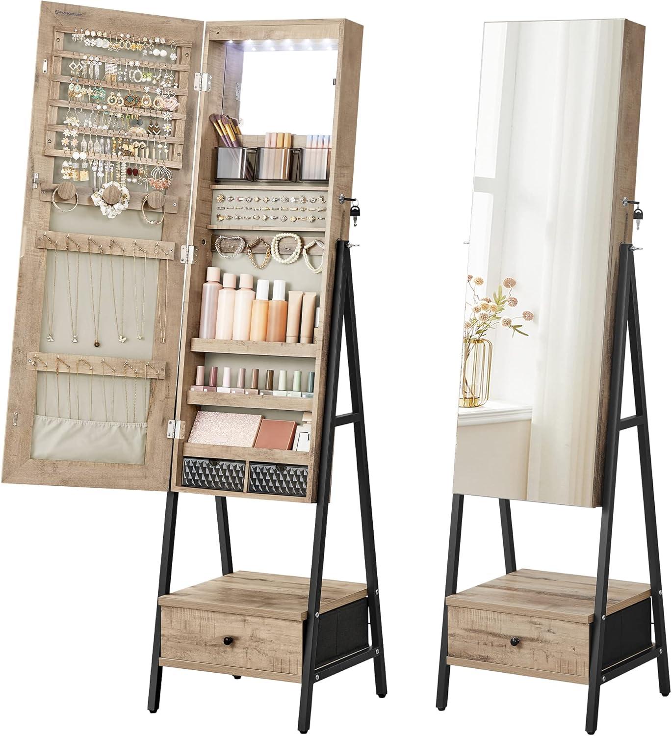 SONGMICS LED Mirror Jewelry Cabinet Standing, Lockable Jewelry Armoire with Full-Length Mirror, Space-Saving Jewelry Organizer with Mirror, Drawer and Shelf, Toasted Oak Color UJJC025N01