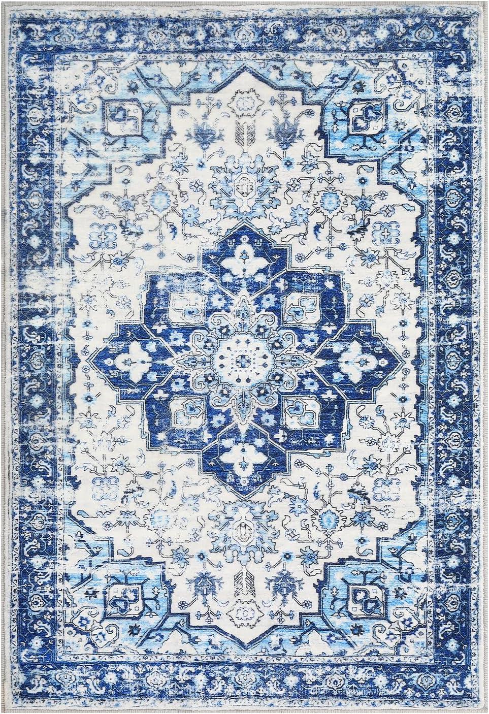 WhizMax 8' x 10' Area Rug for Living Room Bedroom Boho Oriental Rug Distressed Soft Foldable Rug Non Slip Throw Carpet for Dining Room Home Office, Blue