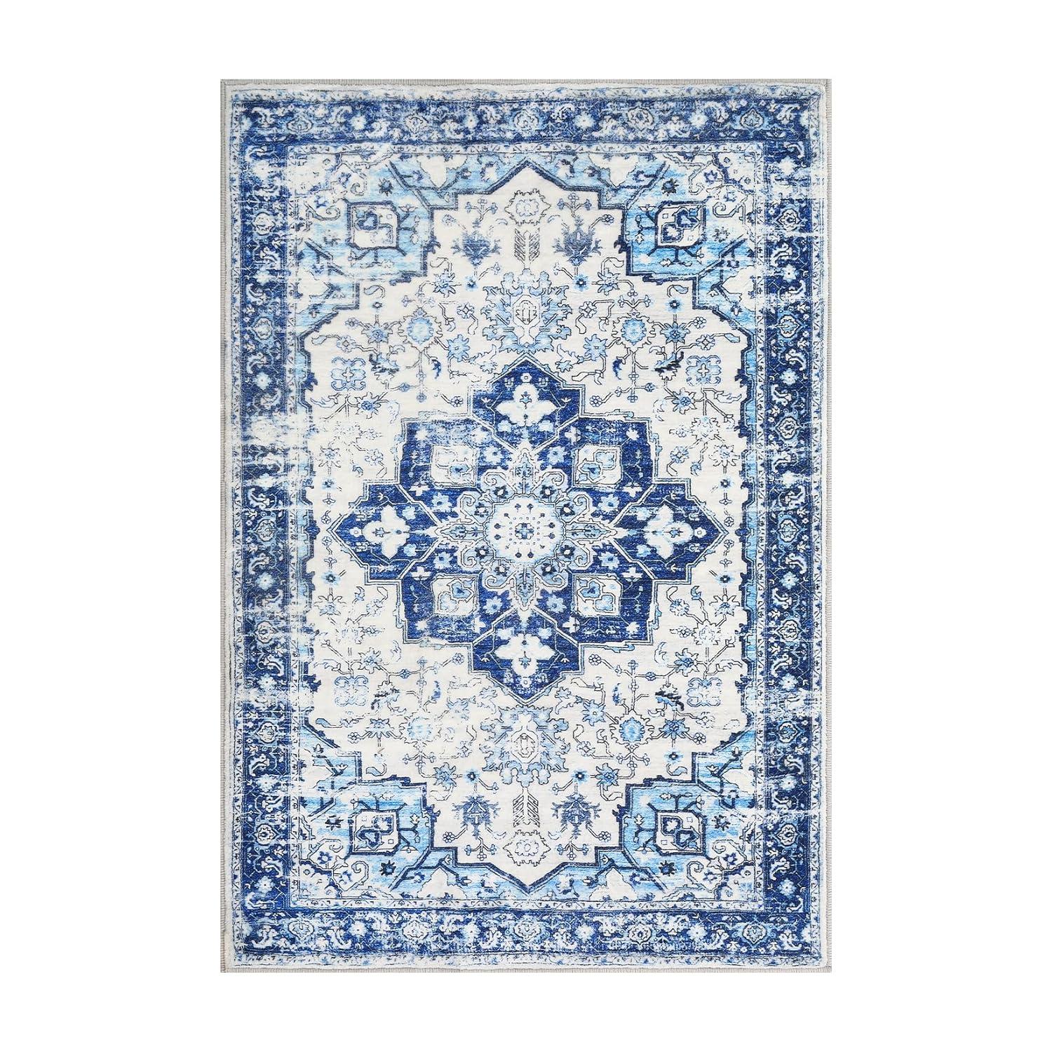 GlowSol 8x10 Floral Area Rug for Living Room Bedroom Retro Distressed Area Rug Traditional Medallion Non-Slip Low Pile Carpet Floor Decoration, Blue