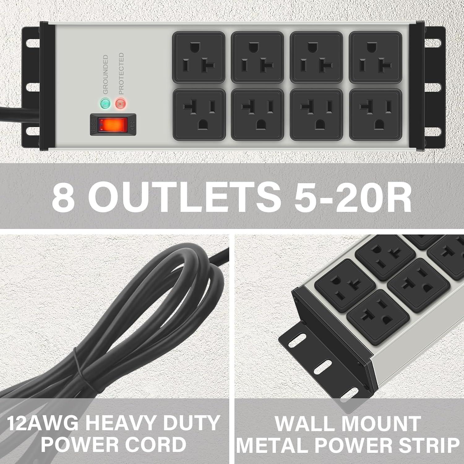 Heavy Duty Power Strip Surge Protector 20 AMP, 8 Outlets 12 Gauge Industrial Shop Garage Metal Multiple Outlets, 15 FT Extension Cord 5-15P Adapter High Amp 6-20R T-Slot 20a for Appliance