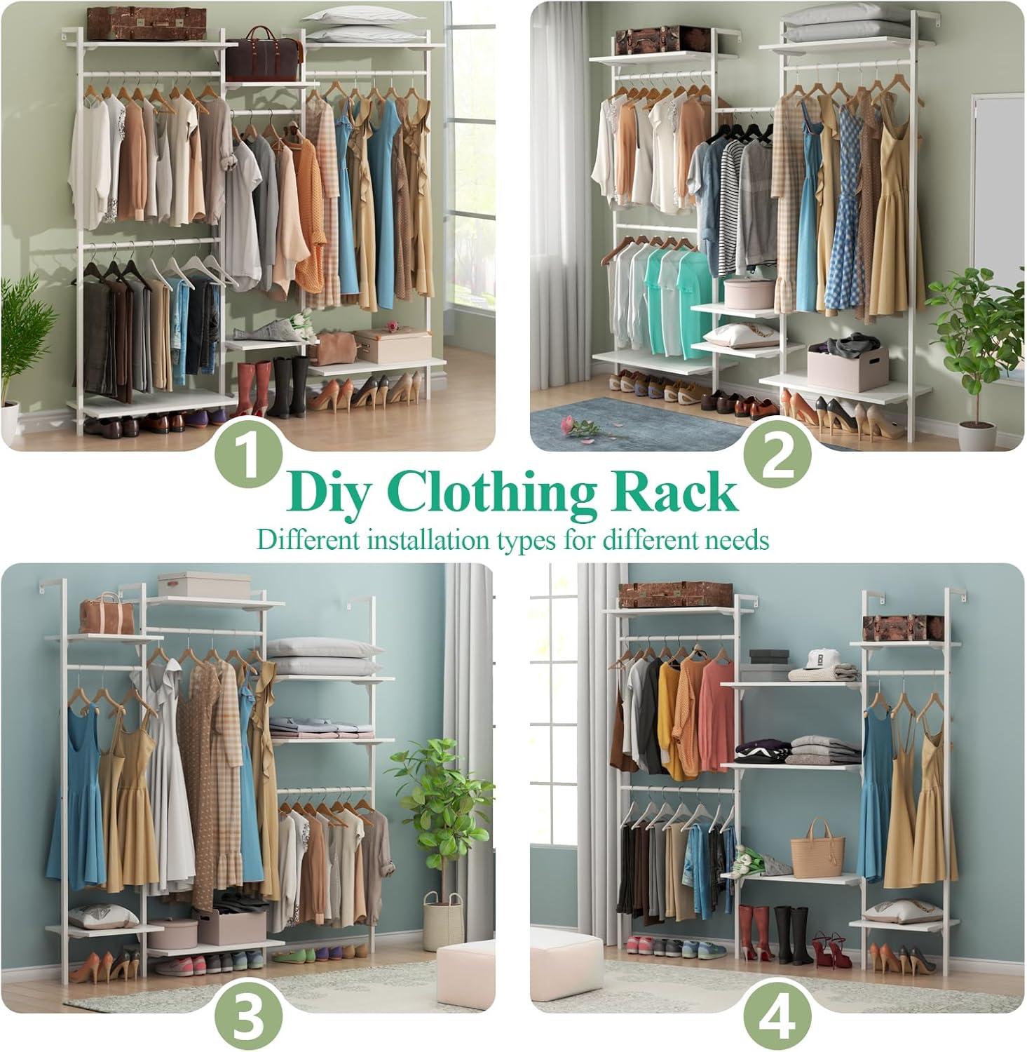 Rebrilliant Oloran Gold Wall Mount Clothes Rack with 4 Hanging Rods, Clothing Rack with 6-Tier Adjustable Shelves