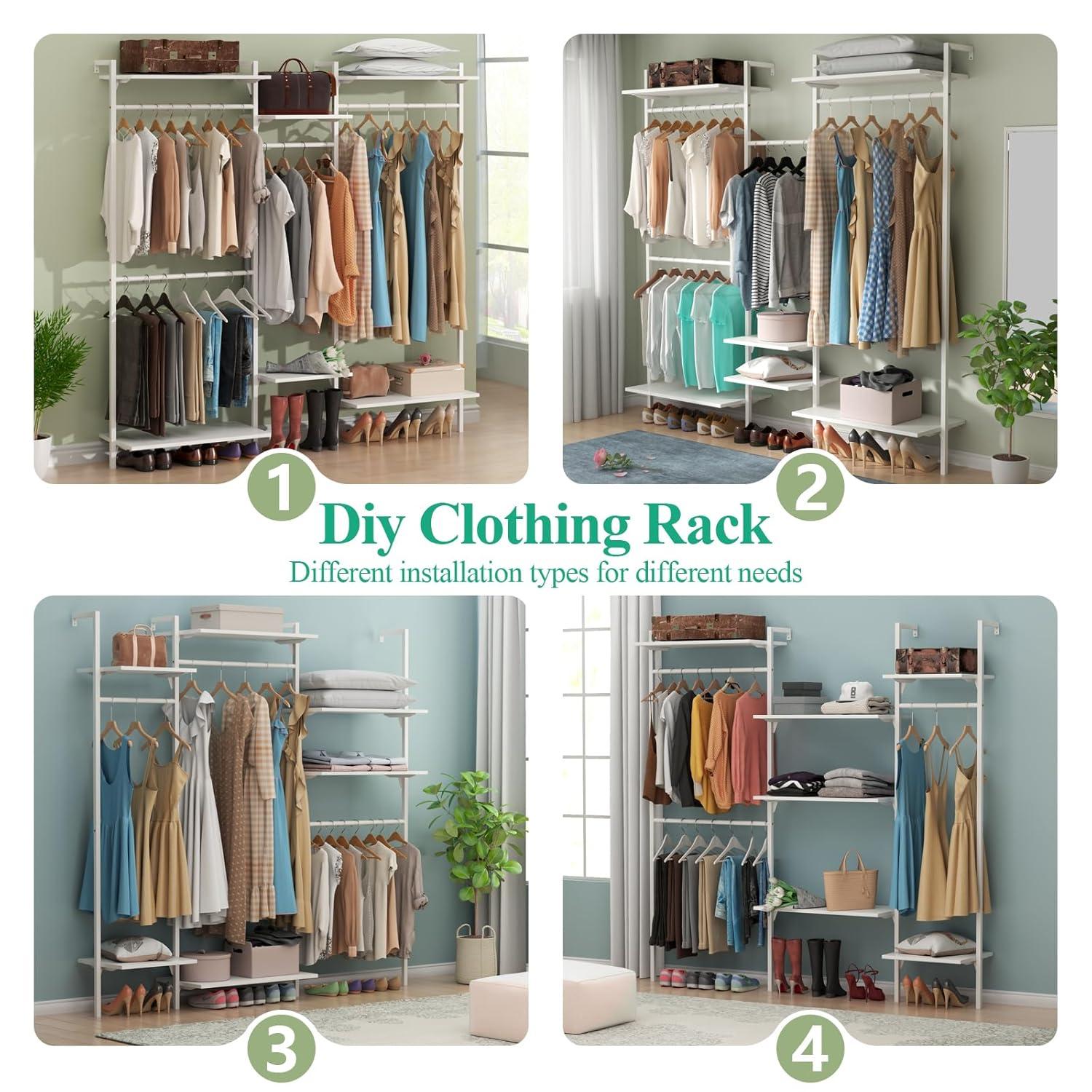 Rebrilliant Oloran Gold Wall Mount Clothes Rack with 4 Hanging Rods, Clothing Rack with 6-Tier Adjustable Shelves