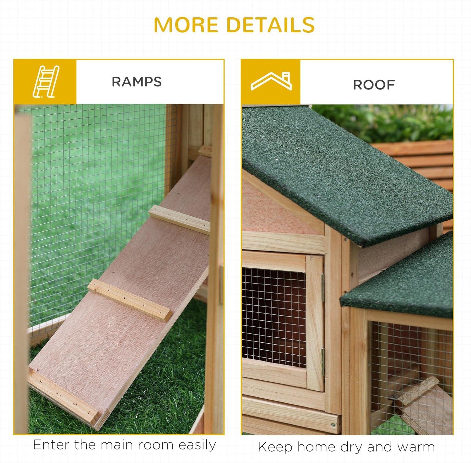 PawHut 83" L Outdoor Rabbit Hutch with Double Runs, Large Guinea Pig Cage Indoor, Wooden Bunny Hutch with Weatherproof Roof, Removable Tray, Ramps, Natural