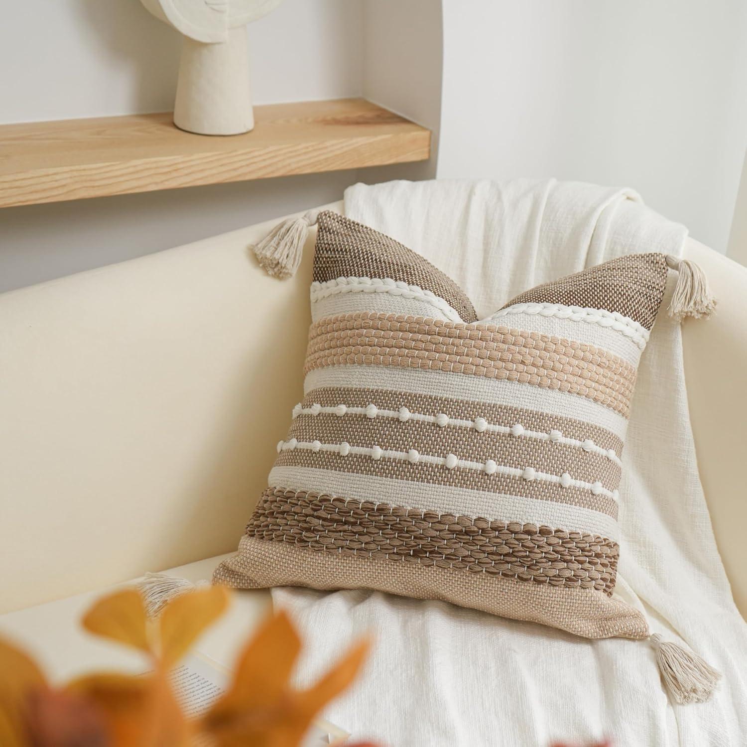 Rust Red Boho Decorative Throw Pillow Cover 20x20 Square Accent Pillowcase Tassels Farmhouse Cushion for Couch Sofa Bedroom Living Room Home Décor Cover ONLY (Pack of 1)