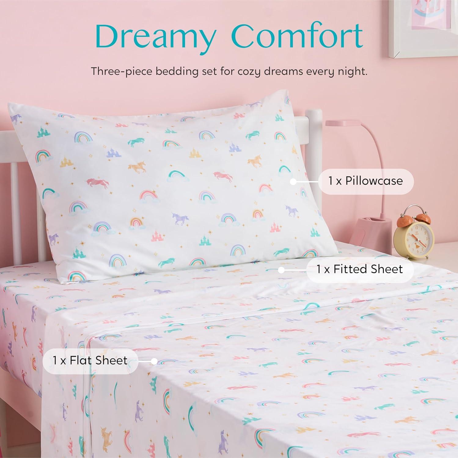 SYNCFUN Unicorn/ Rainbow/ Construction Vehicle Full Sheet Set for Kids, Kids Full Sheet Set - 4 Piece Soft Microfiber Bed Sheets - Cozy Toddler Bedding Set - Fade Resistant Breathable for Boys Girls Teens