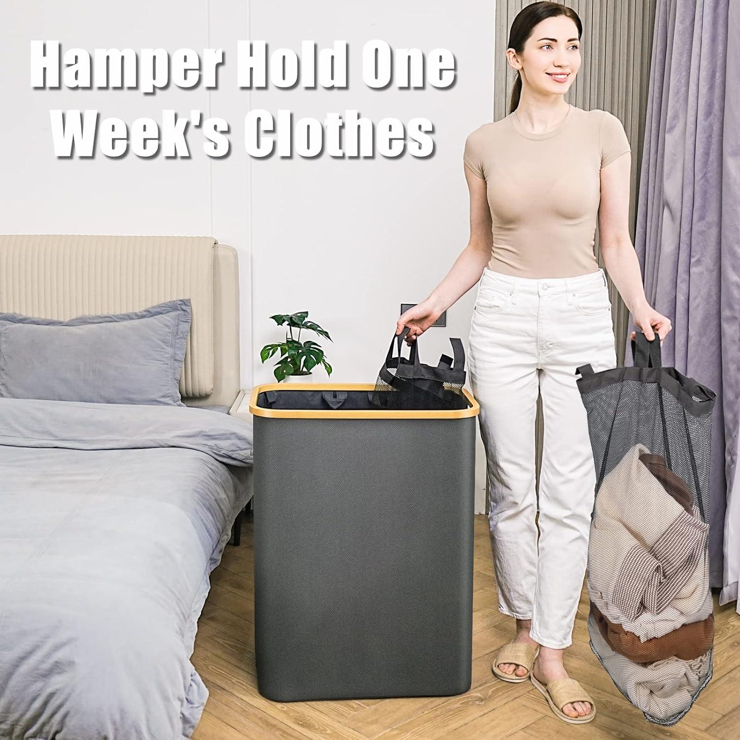 JASODI Laundry Hamper with Lid, 160L Extra Large Laundry Basket 3 Section Dirty Clothes Hamper for Laundry with Removable Laundry Bags