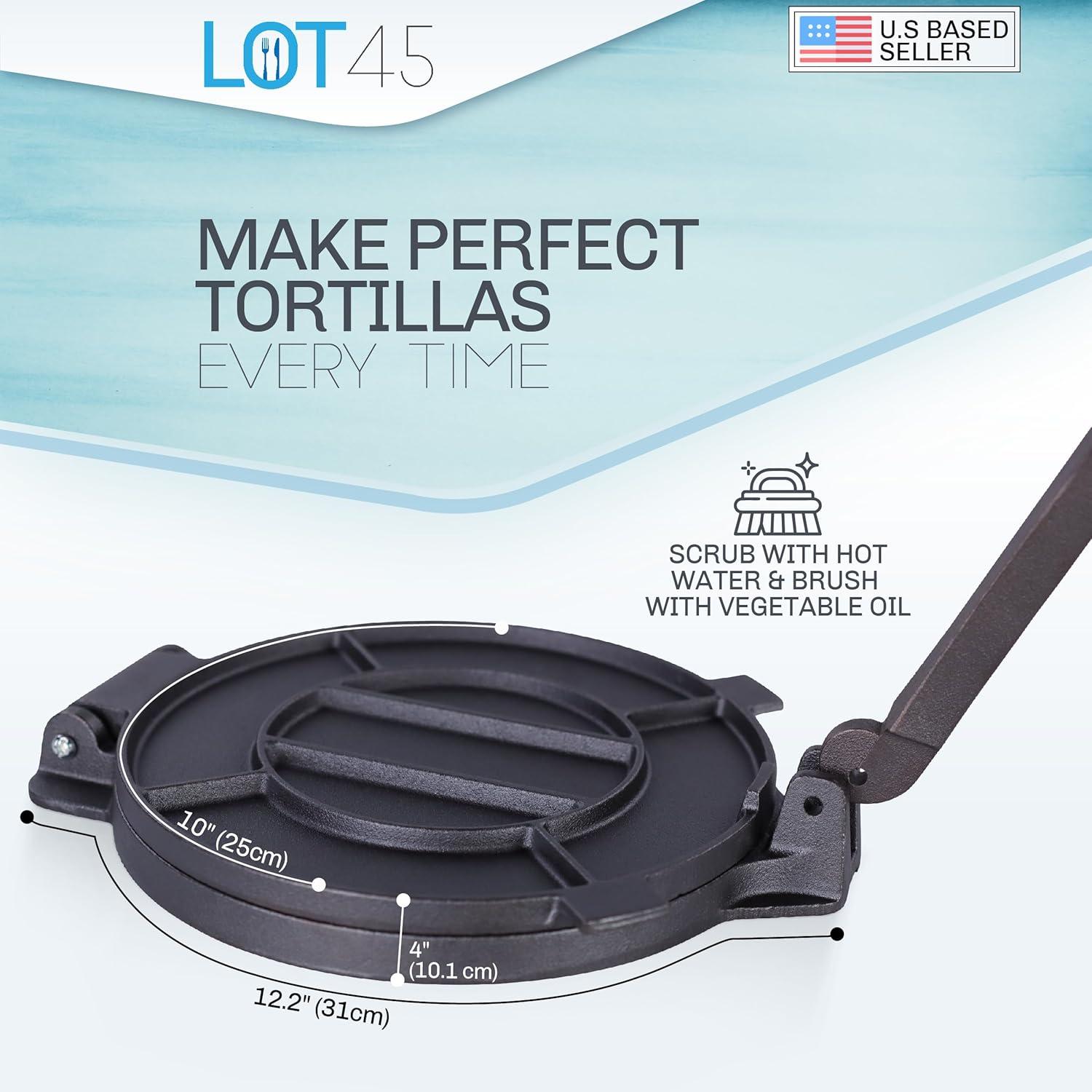 Lot45 Cast Iron Tortilla Press -10in Corn Tortillas Maker with 100 Paper Sheets