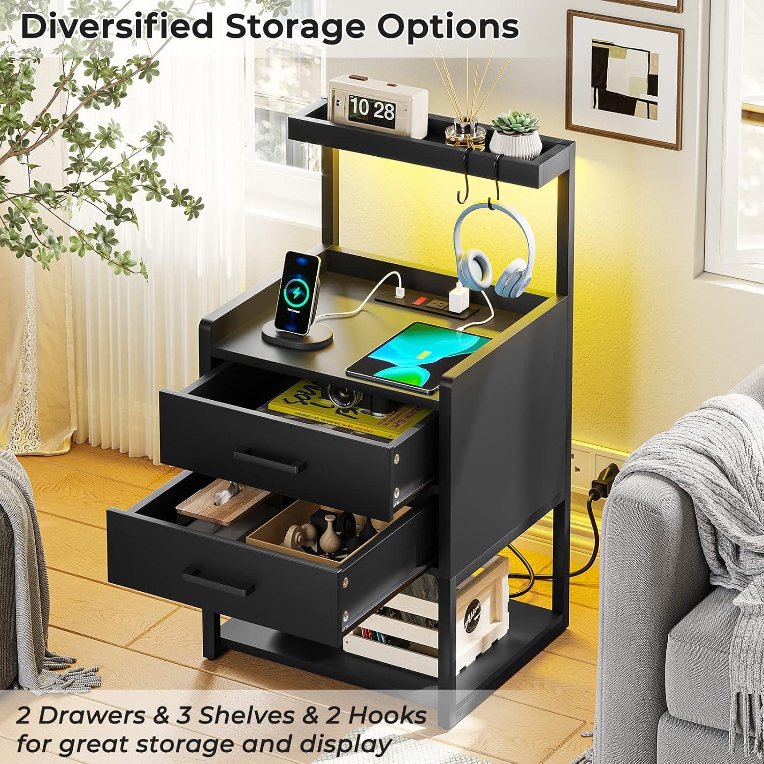 Afuhokles Led Nightstand with Charging Station,2 Drawers Night Stands with Led Lights, Black Bedside Tables with Storage Shelves