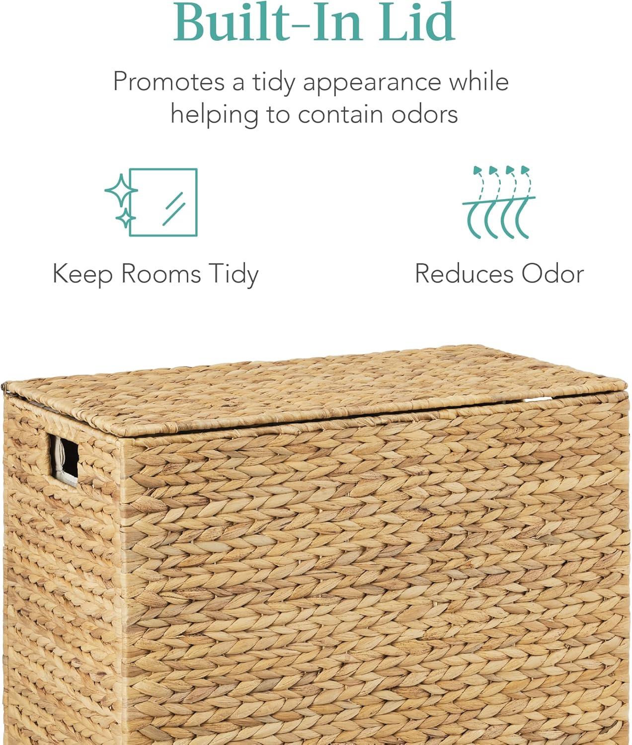 Best Choice Products Large Natural Water Hyacinth Double Laundry Hamper Basket w/ 2 Liner Bags, Handles