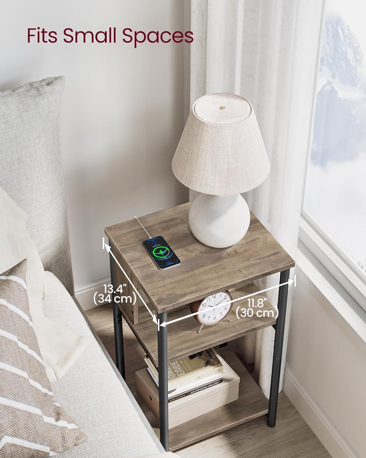 Camel Brown and Black Metal 3-Tier End Table with Charging Station