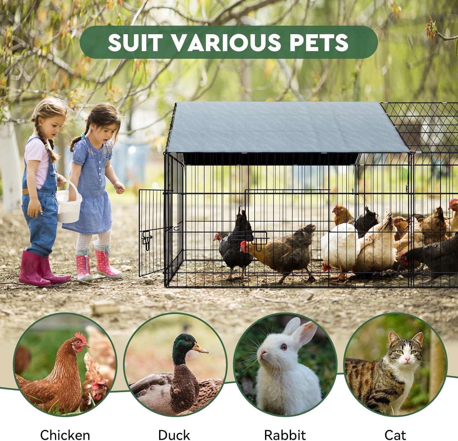 Metal Chicken Coop, 86 x 40 x 40 Inch Chicken Run for Yard with Waterproof Cover, Outdoor Portable Chicken Pen with 4 Doors, 1 Window, Chicken House for Small Animals Duck, Rabbit, Hen