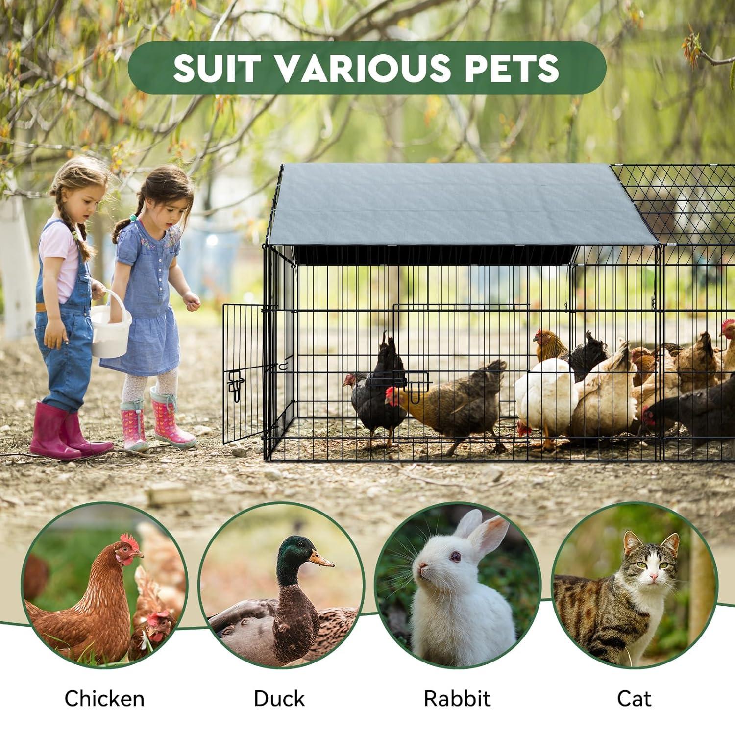 Metal Chicken Coop, 86 x 40 x 40 Inch Chicken Run for Yard with Waterproof Cover, Outdoor Portable Chicken Pen with 4 Doors, 1 Window, Chicken House for Small Animals Duck, Rabbit, Hen