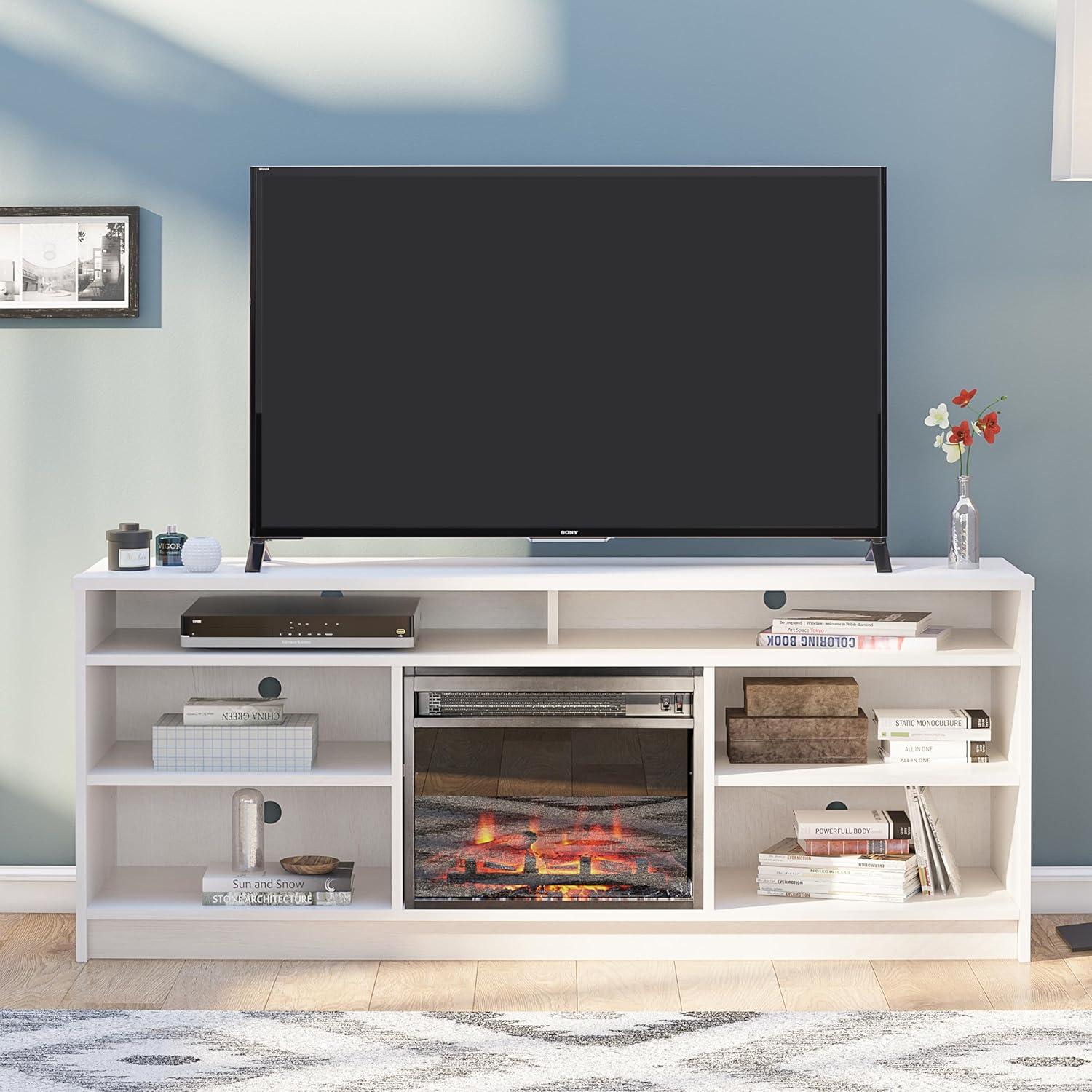 Ivory Oak 58'' TV Stand with Electric Fireplace and Cabinet