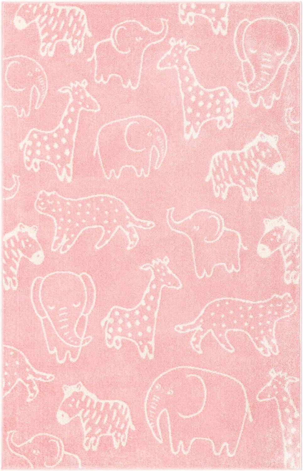 WhimsySafari Animals Baby Pink/Ivory Kid Rug