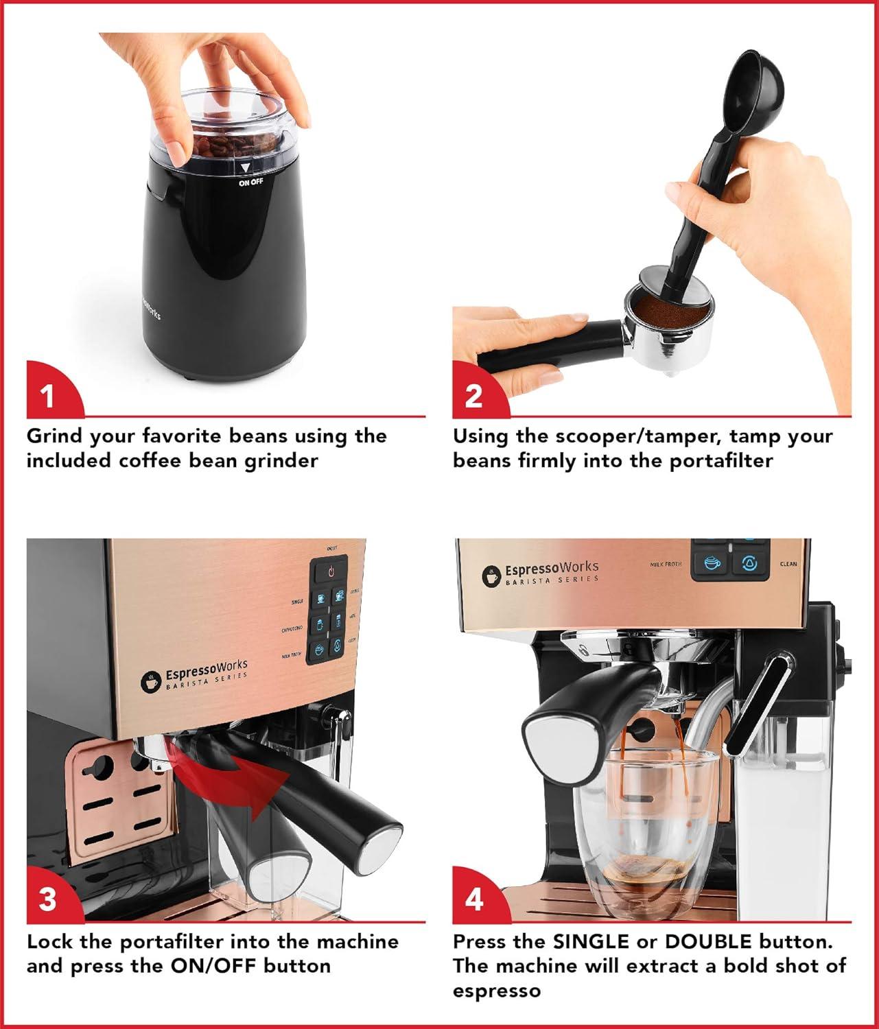 EspressoWorks 19-Bar Espresso, Latte and Cappuccino Maker 10-Piece Set - Brew Cappuccino and Latte with One Button - Espresso Machine with Milk Steamer 1250W - Coffee Gifts (Rose Gold)