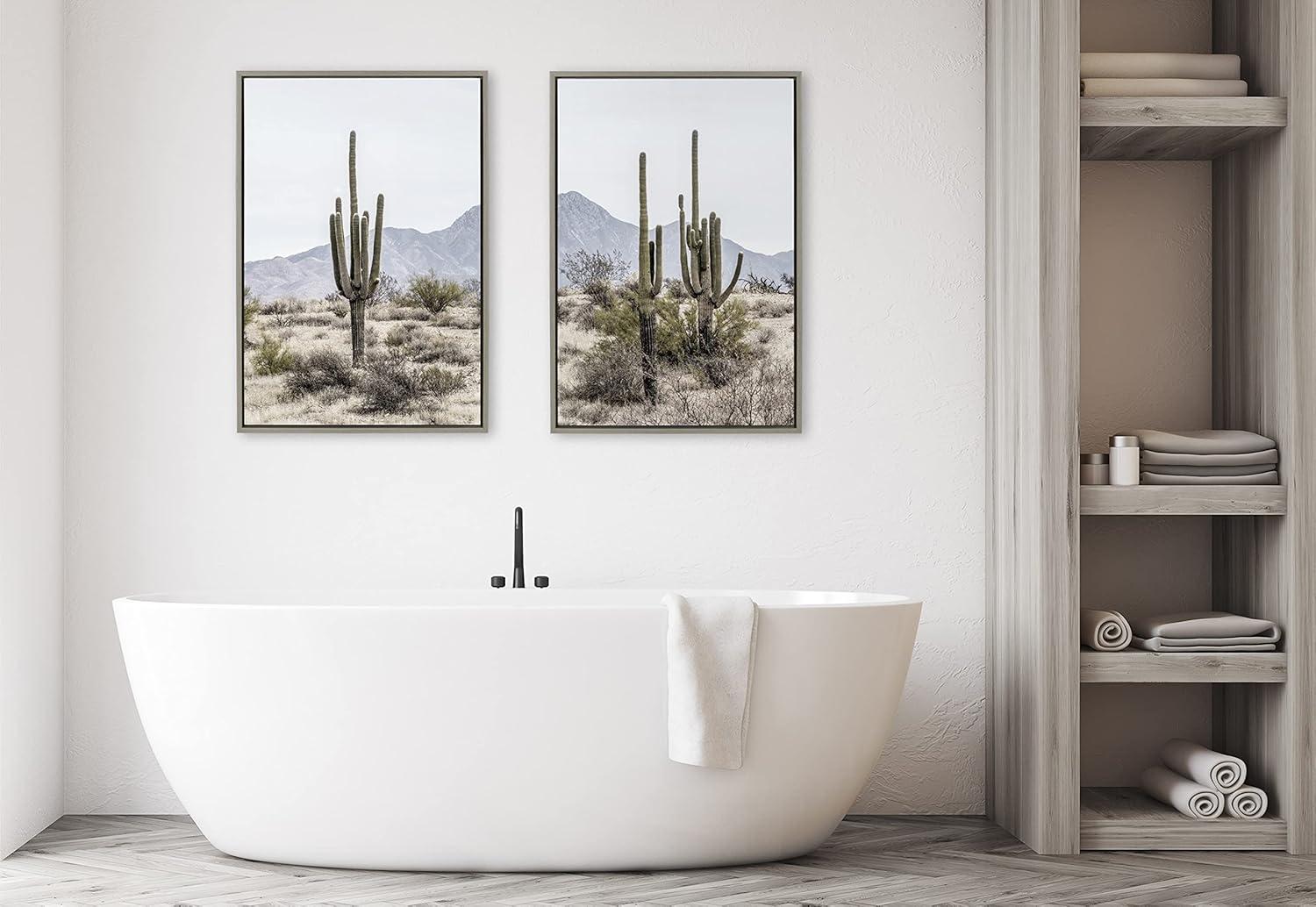 Kate and Laurel Sylvie Tall Saguaro Cacti Desert Mountain 1 and 2 Framed Canvas by The Creative Bunch Studio, 2 Piece 23x33, Gray