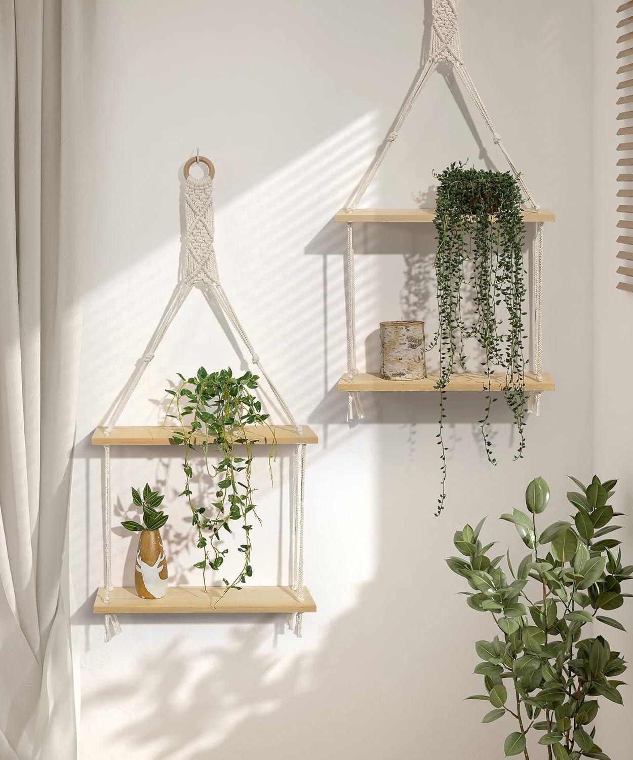 Beige Pine Wood Boho Macrame Floating Wall Shelf