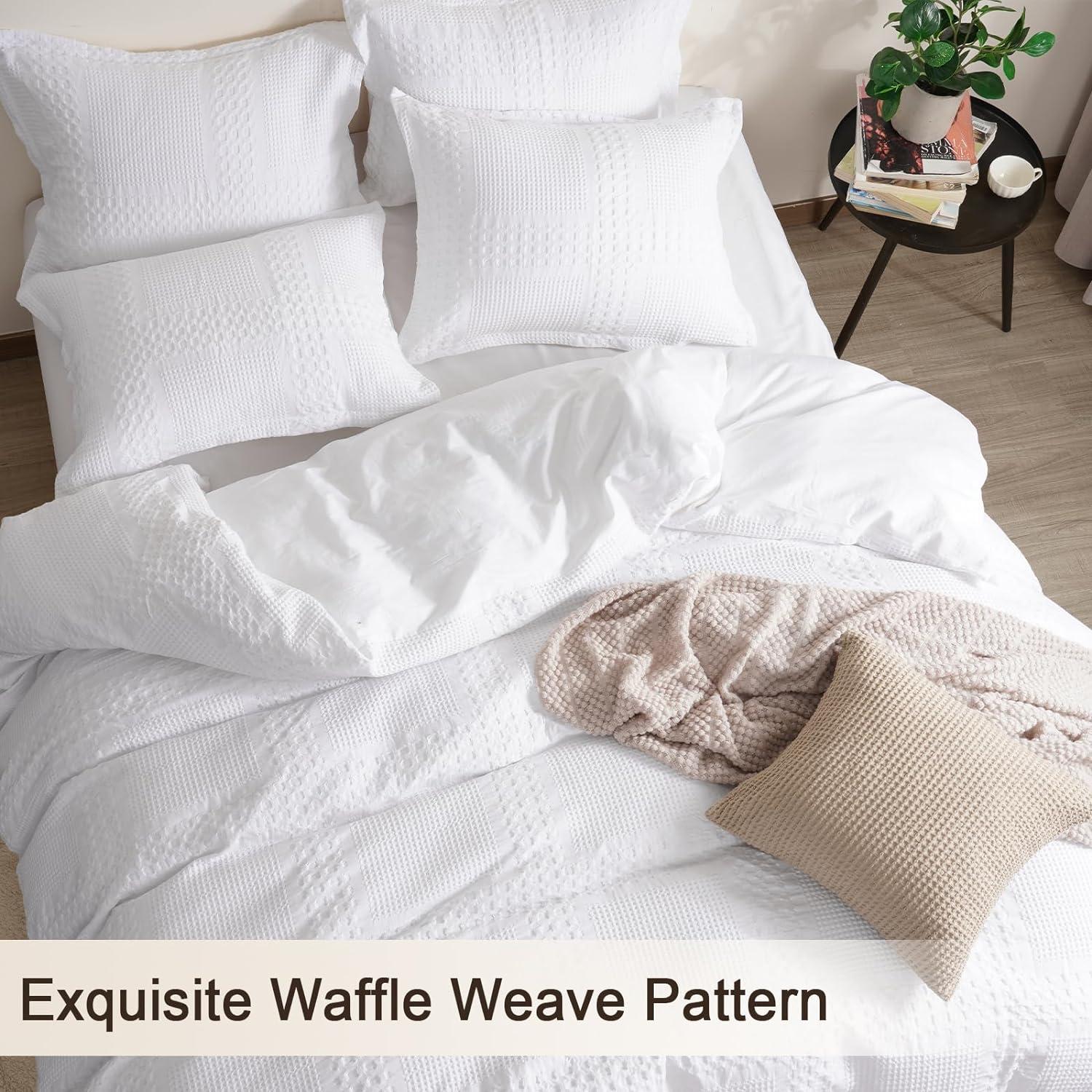 White Cotton Waffle Weave Queen Duvet Cover Set