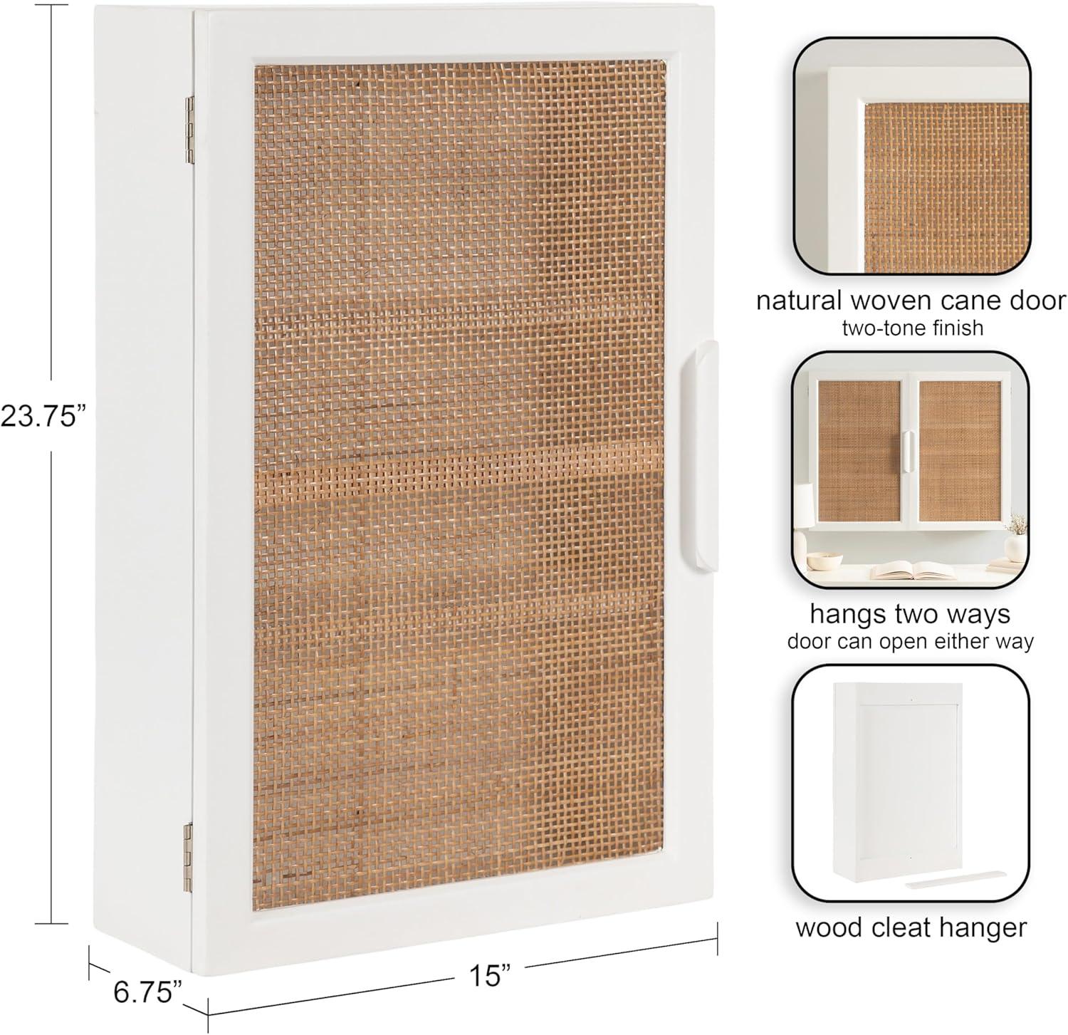 Kate and Laurel Ori Transitional Cane Wall Cabinet with Door, 15 x 7 x 24, Painted White Wood and Natural Rattan, Decorative Rattan Over the Toilet Cabinet with Three Shelves for Decor and Display
