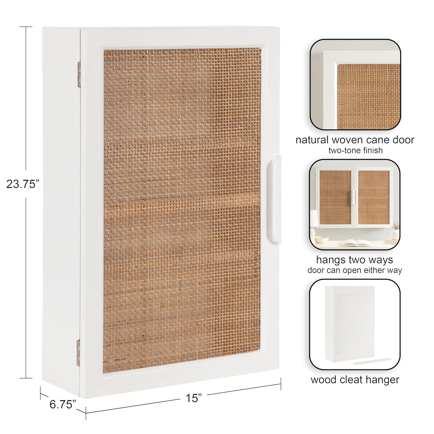 Kate and Laurel Ori Transitional Cane Wall Cabinet with Door, 15 x 7 x 24, Painted White Wood and Natural Rattan, Decorative Rattan Over the Toilet Cabinet with Three Shelves for Decor and Display
