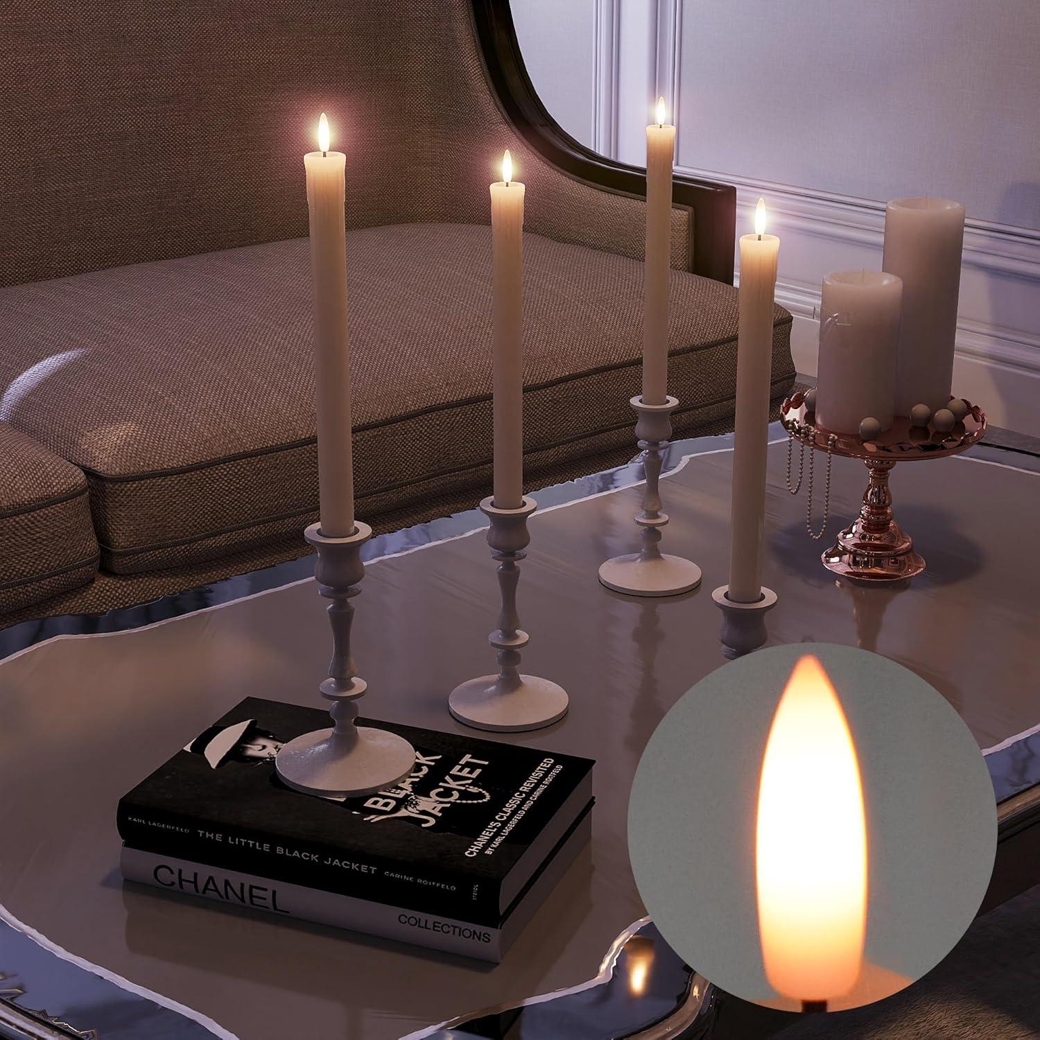 Rechargeable Flameless Taper Candles With Charging Station, 6 Pcs Real Wax LED Taper Candles Flickering With Remote&Timer, 3D Flame Candlesticks For Home Wedding Christmas Decor