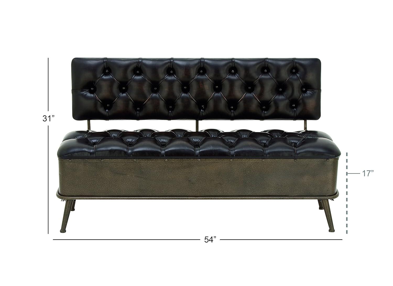 Williston Forge Black Metal Room Storage Bench with Tufted Faux Leather, 54" x 19" x 31"