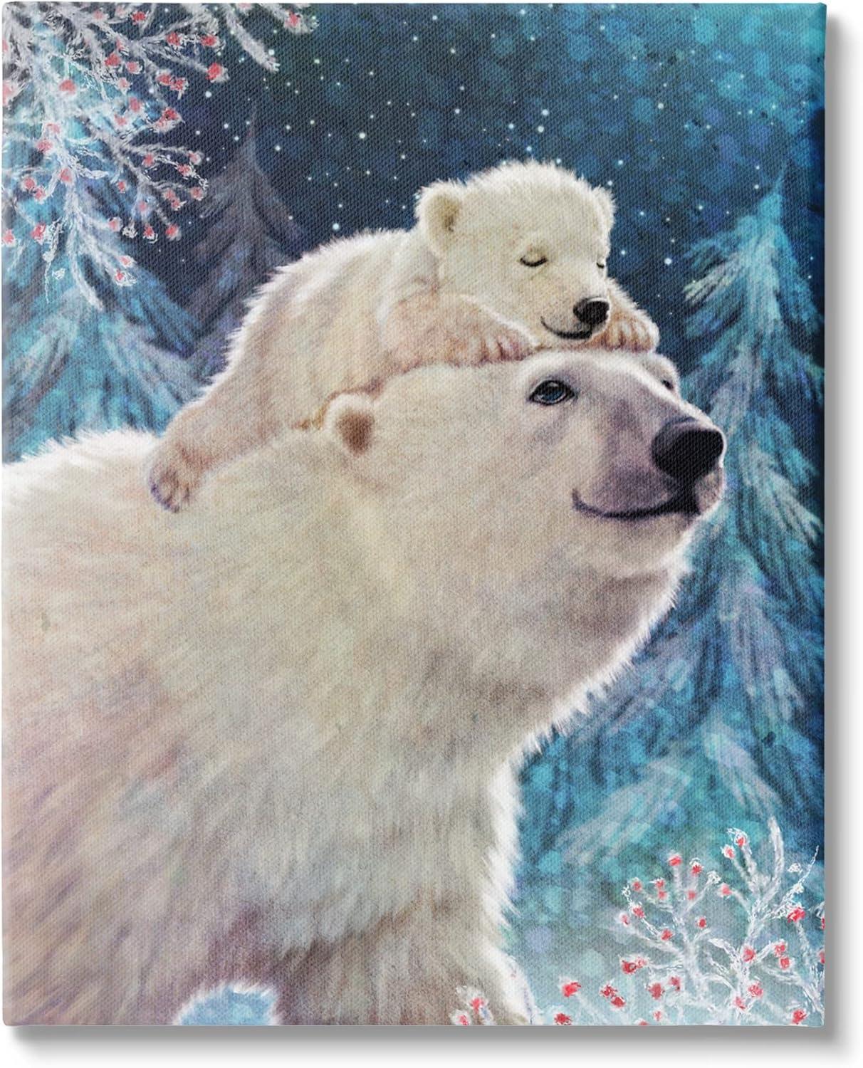 Polar Bear and Cub Winter Scene Canvas Wall Art