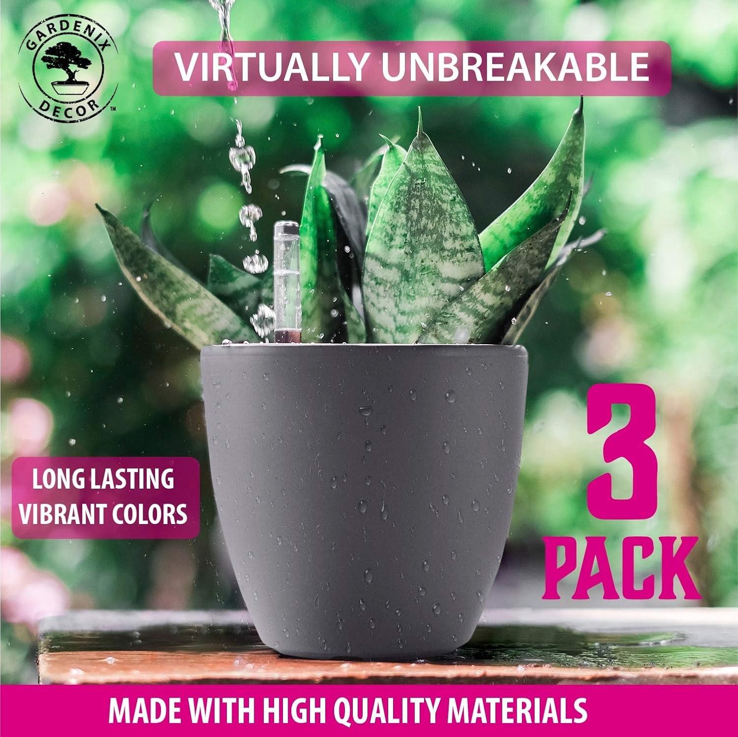 GARDENIX DECOR 7'' Self Watering planters for Indoor Plants - with Water Level Indicator for Flower Pot , Grow Tracking Tool - Coco Coir - Gray 3 Pack