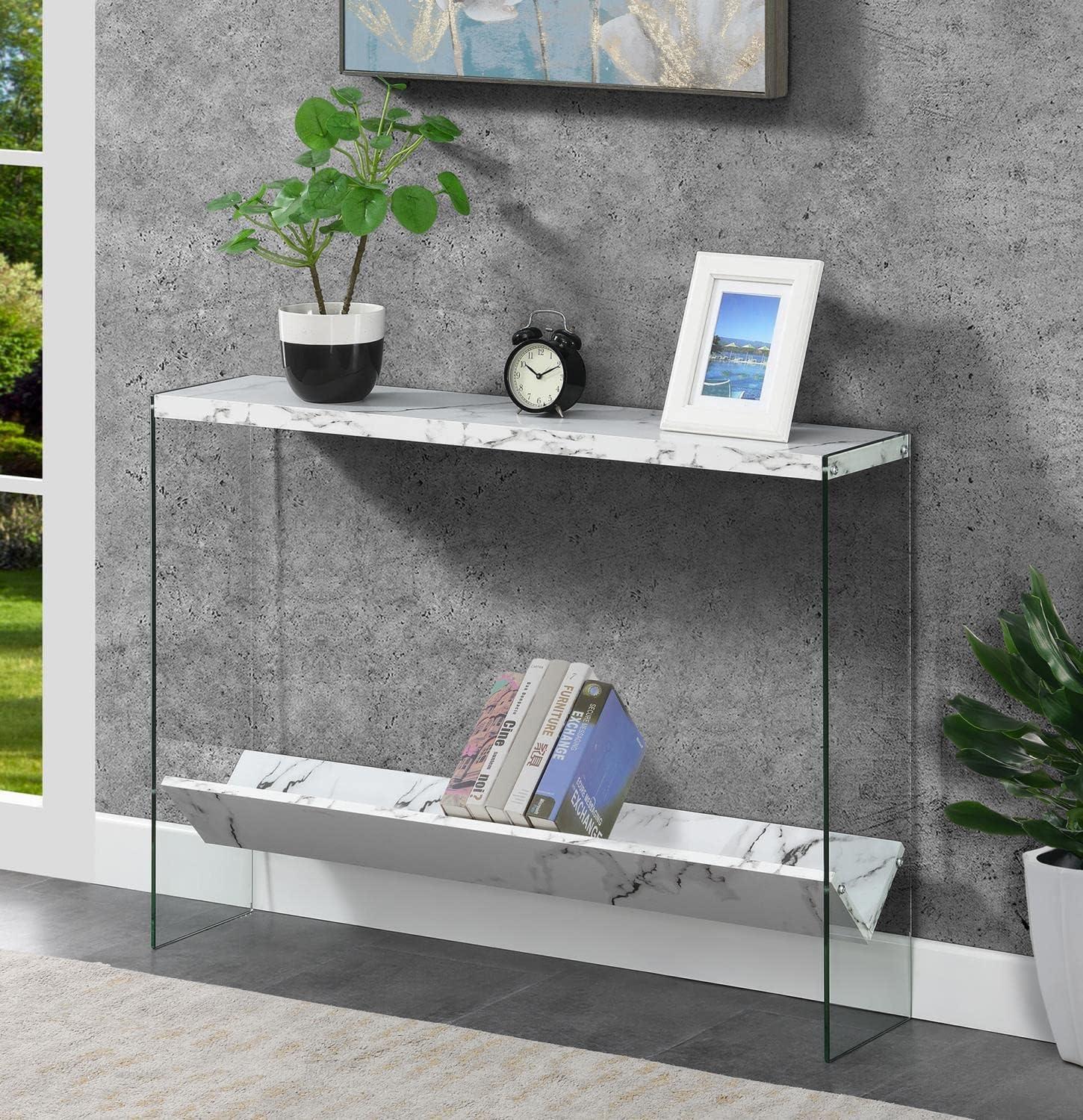 Convenience Concepts SoHo Glass V Console Table with Shelf, White Faux Marble/Glass