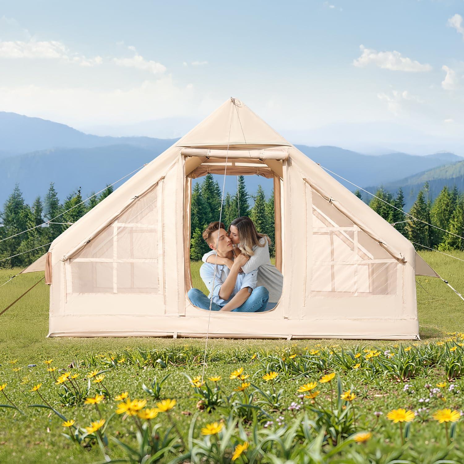 VEVOR Inflatable Tents for Camping, Easy Setup Blow up Tent with Hand Pump, 4 Season Glamping Tent with Stove Jack, Doors & Mesh Windows, Storage Bag Included for Easy Taking
