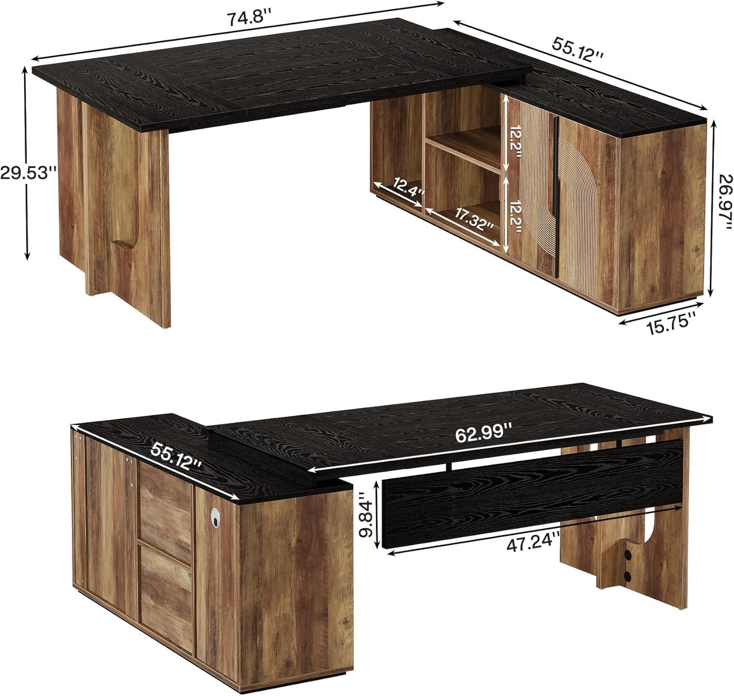 Tribesigns 74.8 Inch Executive Desk, Large Office Desk with Cabinet, L Shaped Computer Table with Shelves and CPU Storage, Modern Home Office Desks Business Furniture Workstation Set