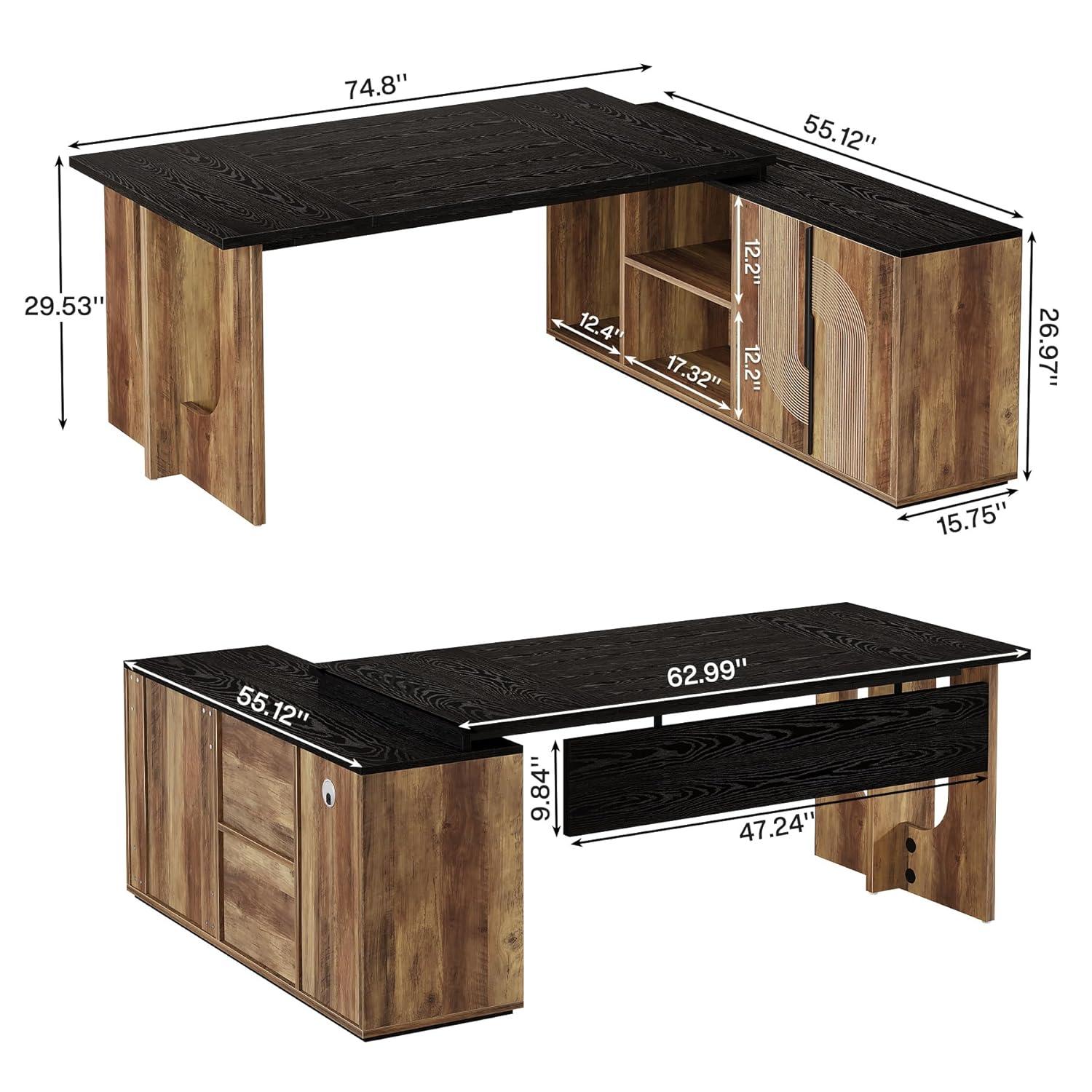 Tribesigns 74.8 Inch Executive Desk, Large Office Desk with Cabinet, L Shaped Computer Table with Shelves and CPU Storage, Modern Home Office Desks Business Furniture Workstation Set