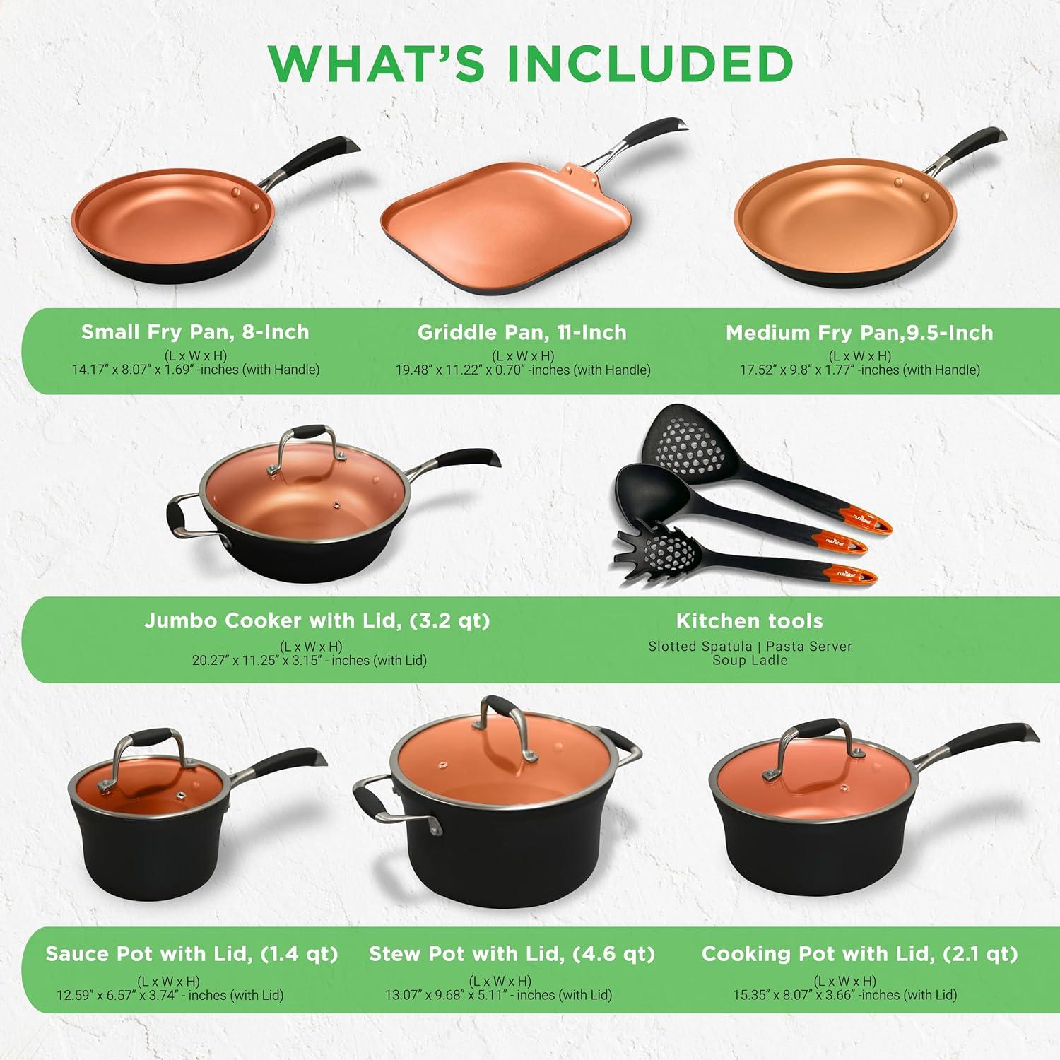 NutriChef 14pc Non-Stick Copper Kitchen Cookware Set - Hard-Anodized Exterior (NCCWALN14)