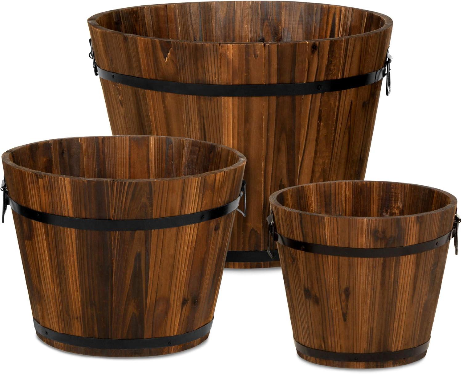 Rustic Wooden Barrel Trio Planters for Indoor & Outdoor Elegance