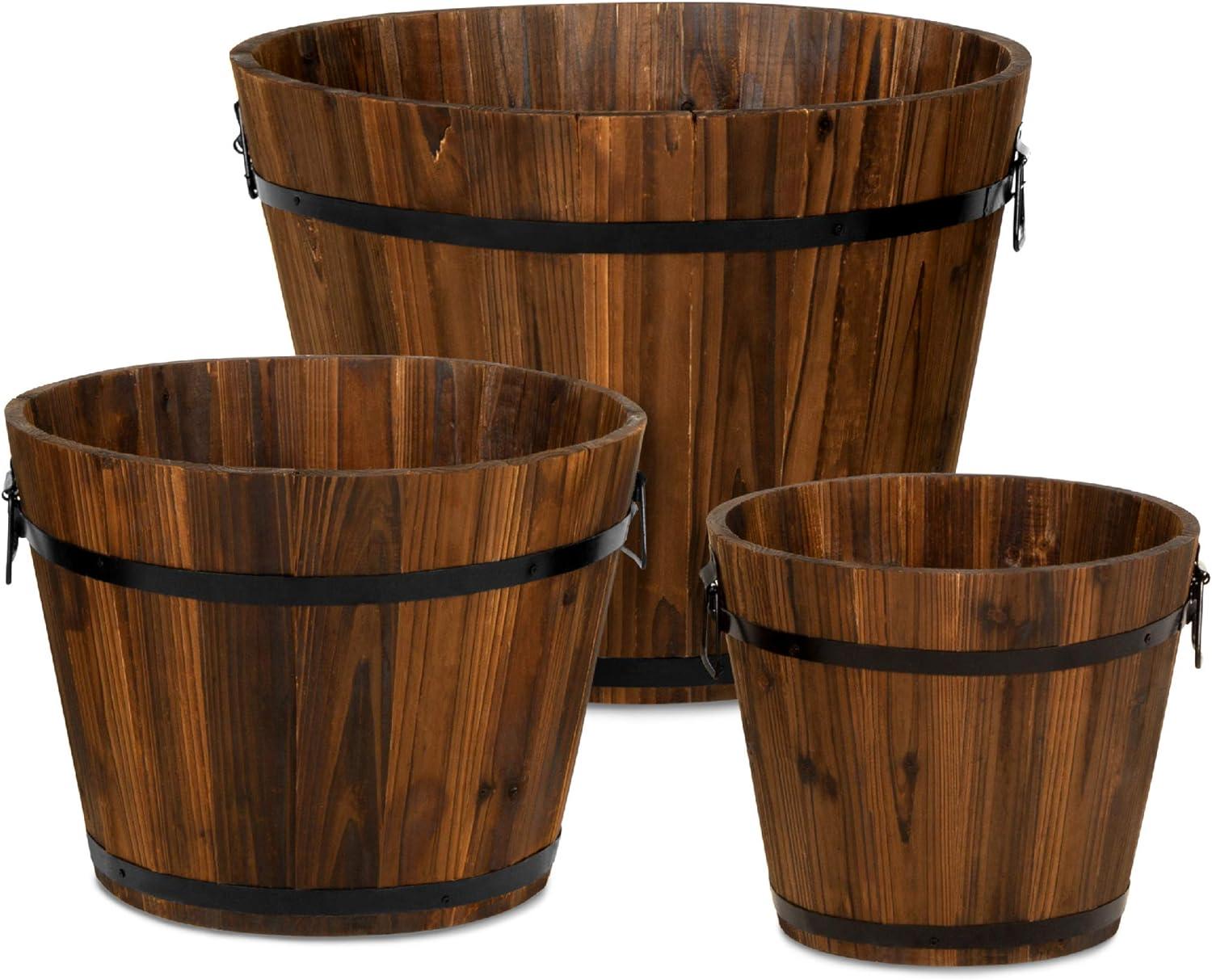 Rustic Wooden Barrel Trio Planters for Indoor & Outdoor Elegance