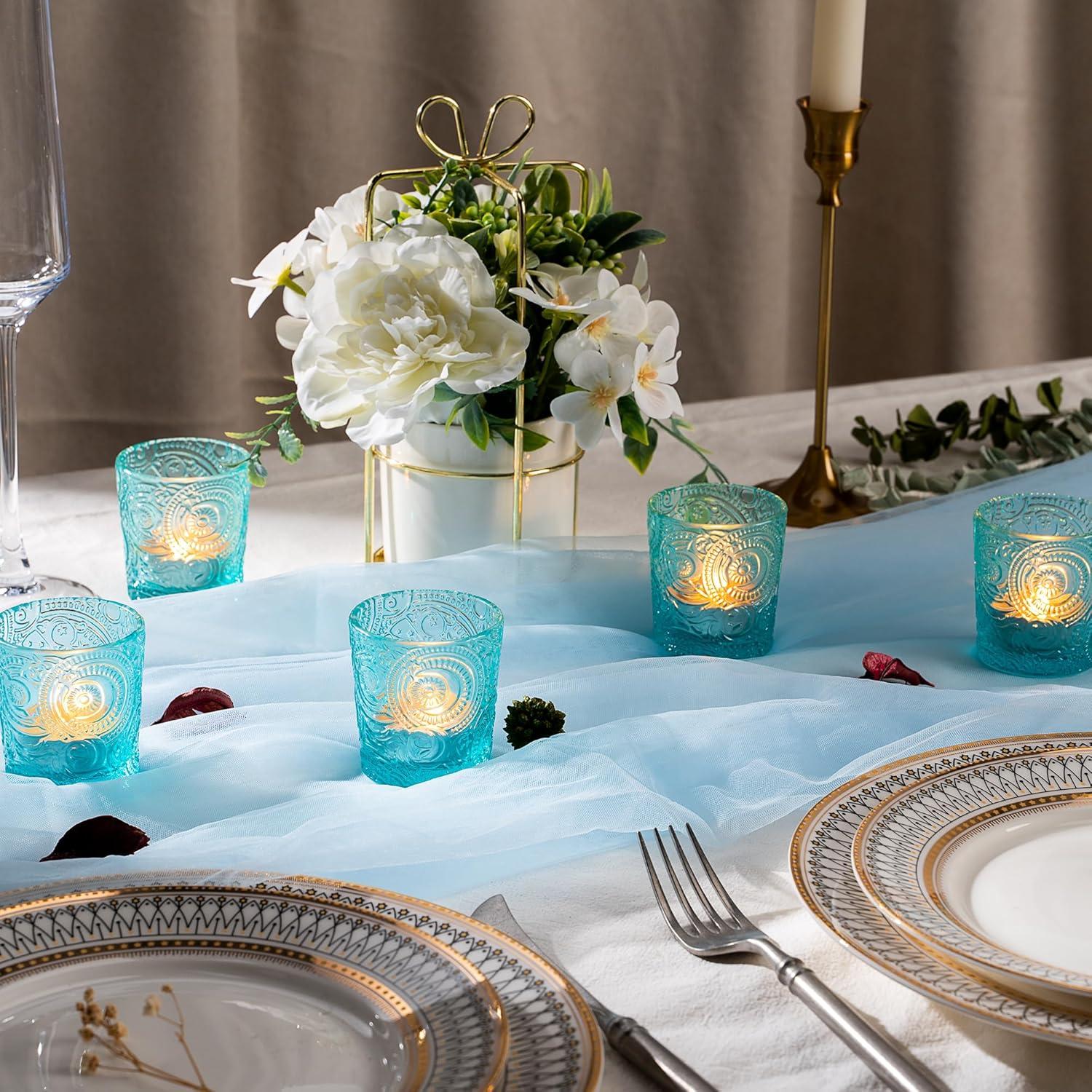 6 Pack Sun Moon Star Embossed Glass Tea Light Candle Holders - Votive Candle Holders for Wedding, Party, Home Decor, and Table Centerpieces (Aqua Blue)