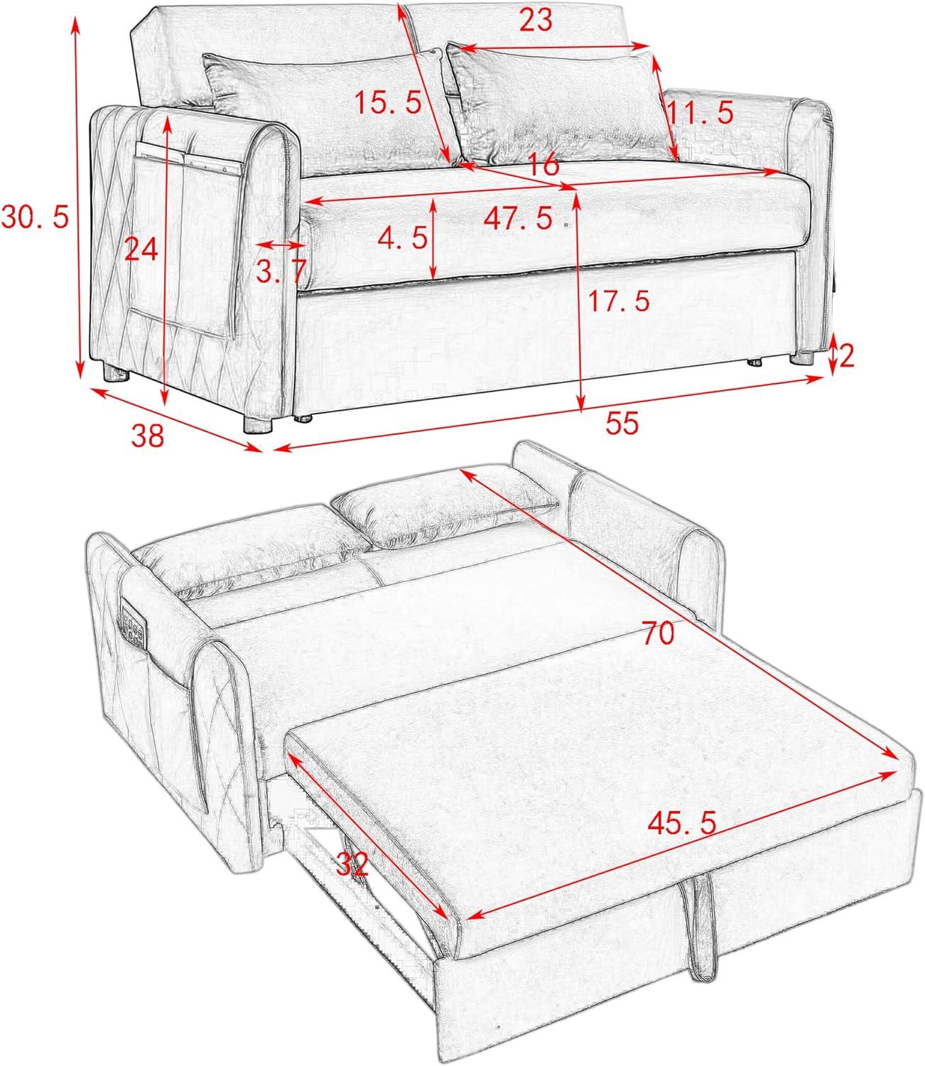 55" Convertible Sofa Bed with 2 Detachable Arm Pockets, Velvet Loveseat Sofa with Pull Out Bed and 2 Pillows, Modern Sleeper Sofa with Adjustable Backrest, Grid Design Armrests for Living Room, Grey