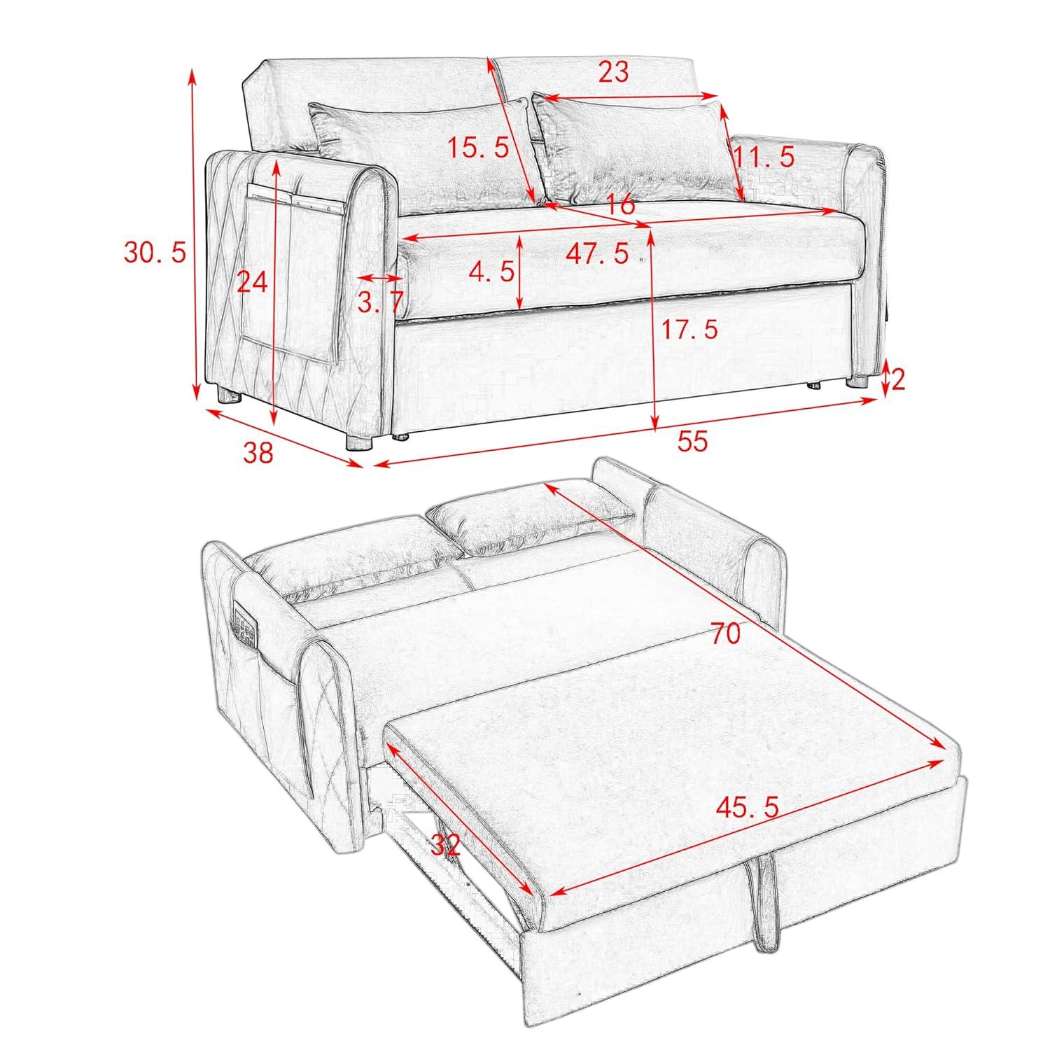 55" Convertible Sofa Bed with 2 Detachable Arm Pockets, Velvet Loveseat Sofa with Pull Out Bed and 2 Pillows, Modern Sleeper Sofa with Adjustable Backrest, Grid Design Armrests for Living Room, Grey