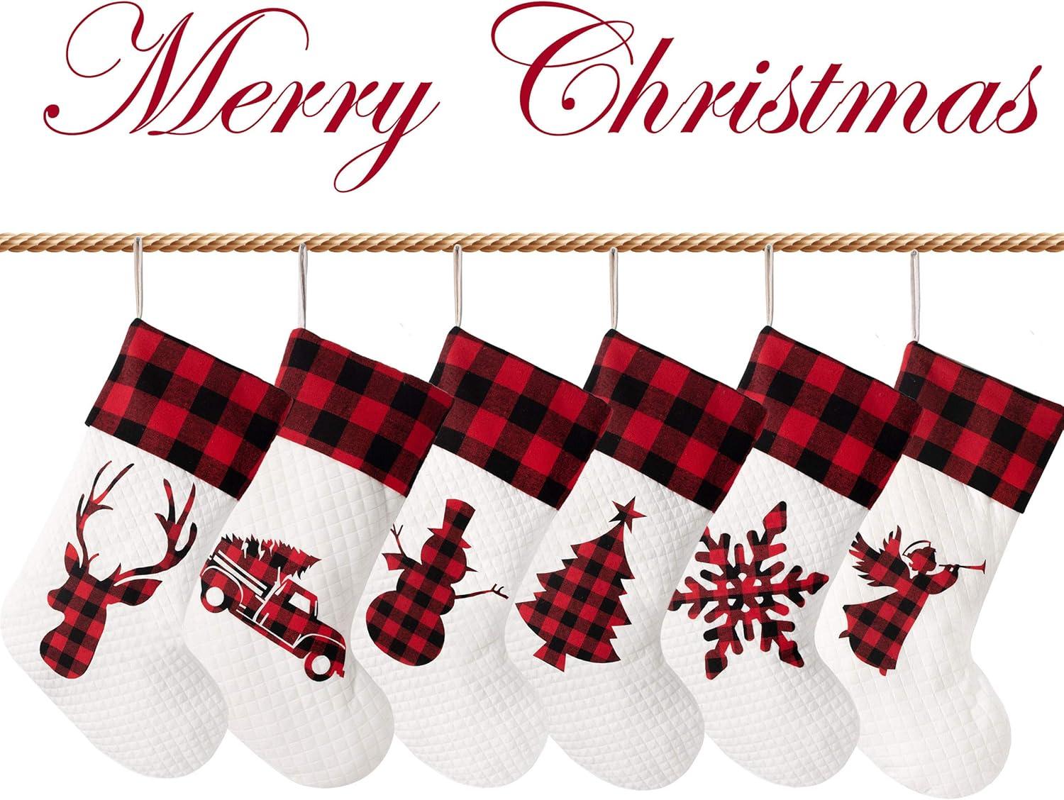 Set of 6 Red Plaid and White Quilted Christmas Stockings