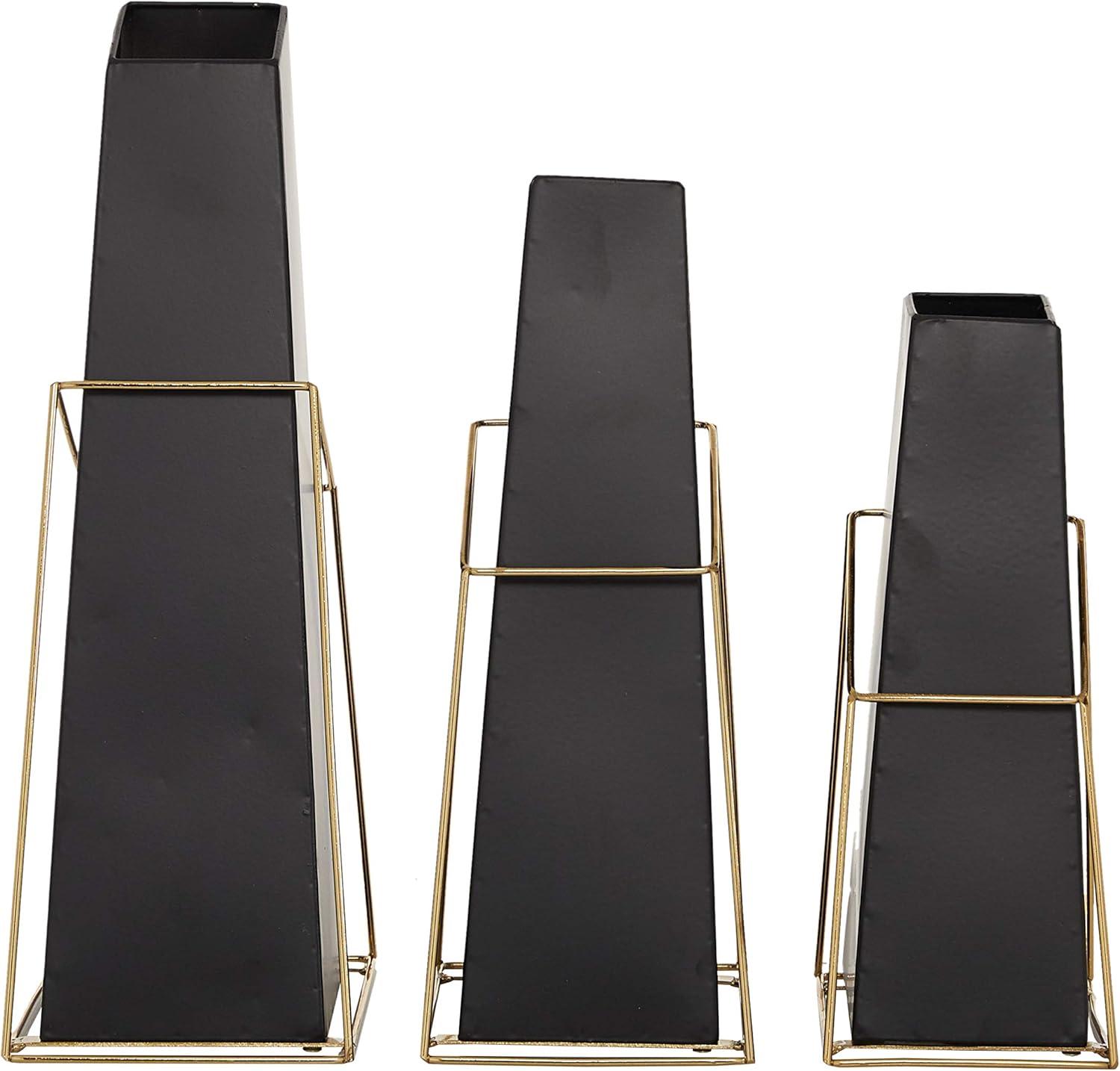 DecMode 10", 12", 14"H Black Metal Vase with Gold Wire Accents, Set of 3