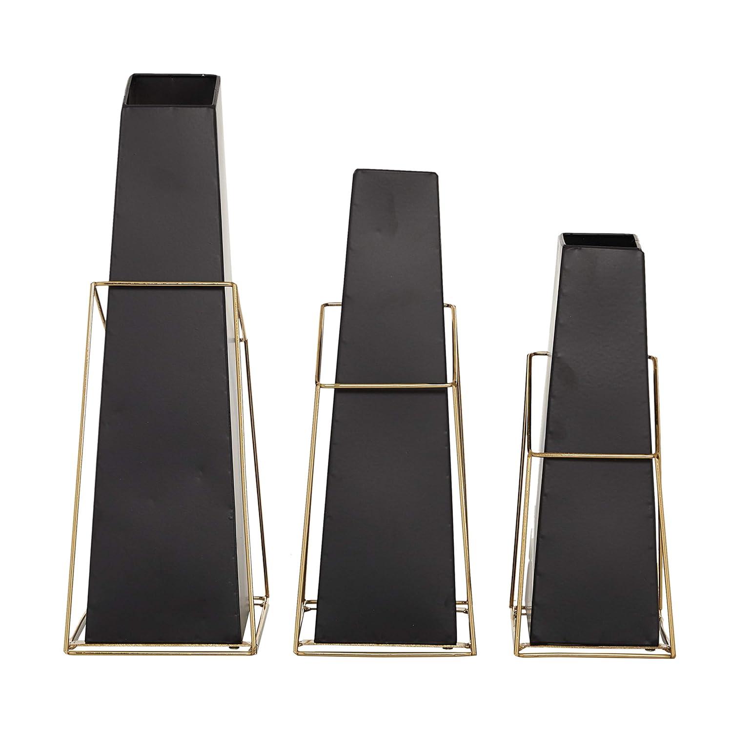 DecMode 10", 12", 14"H Black Metal Vase with Gold Wire Accents, Set of 3