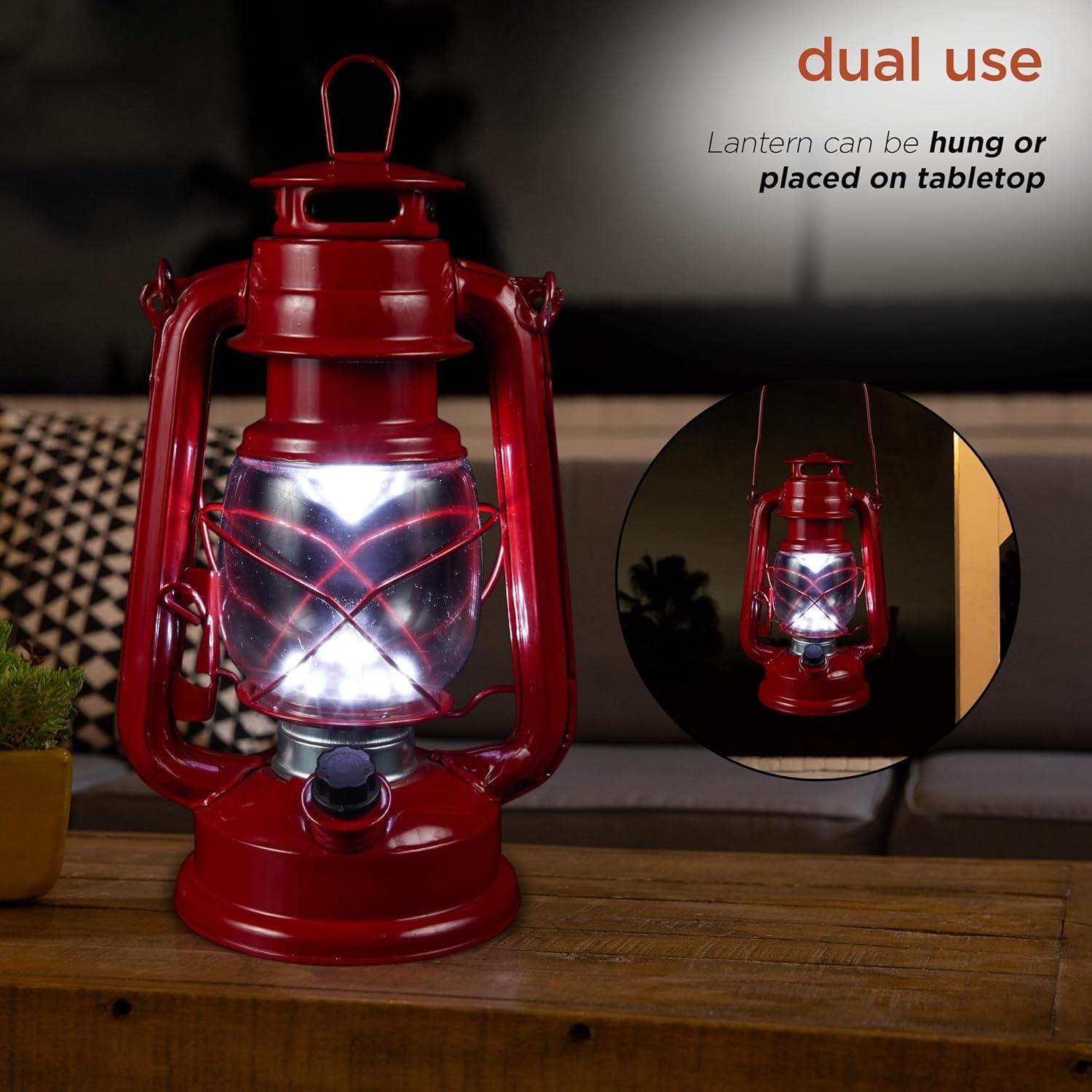 Alpine Corporation 6" x 5" x 9" Metal Hurricane Lantern with Battery-Powered LED Light, Red