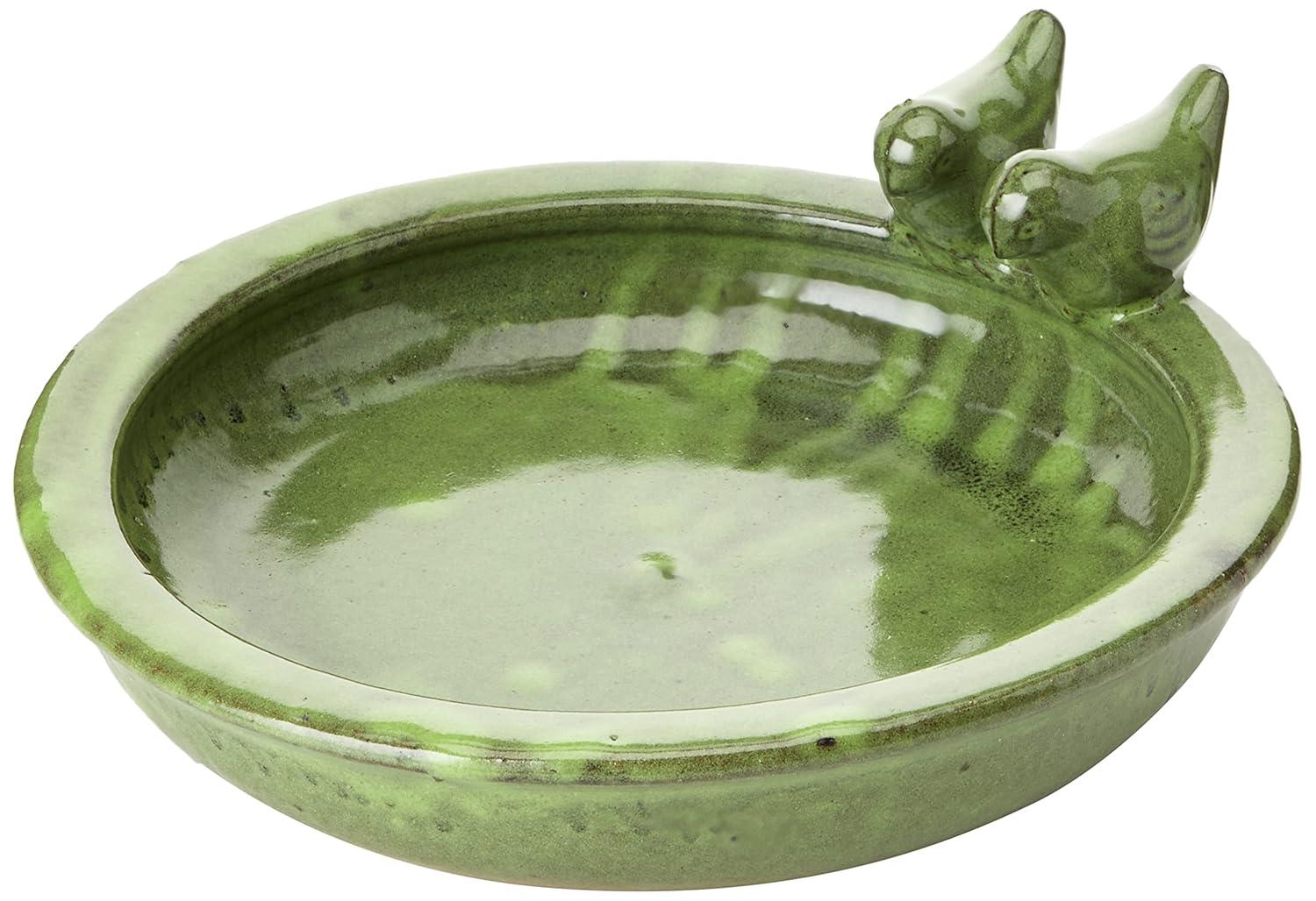 Green Ceramic Round Bird Bath with Perched Birds