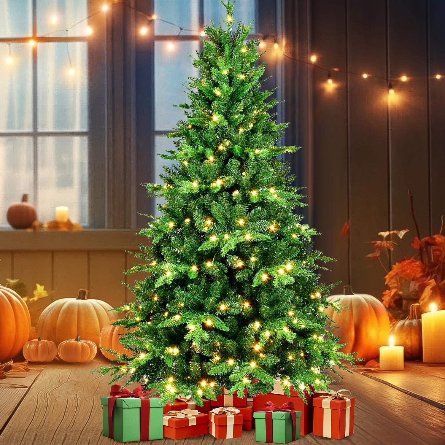 PAPROOS Prelit Christmas Trees, 5FT Artificial Christmas Tree with 250 Warm White LED Lights and 850 Branch Tips, Indoor Prelit Xmas Tree for Holiday Decor, Green