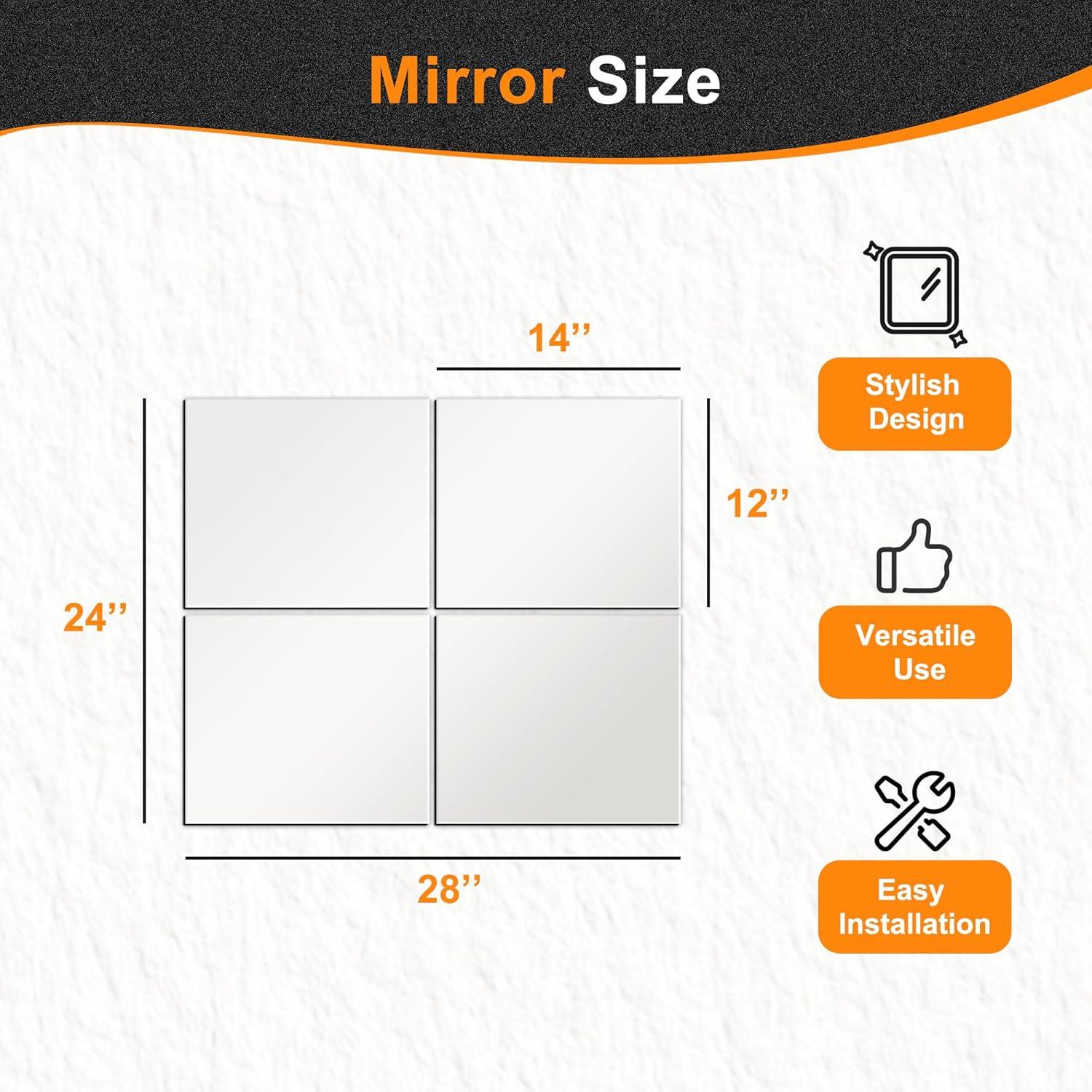 Delma Glass Full Length Wall Mirror Tiles, 14'' x 12'' 4PCS, Frameless Body Tiles for Bedroom, Mounted Home Gym, Door