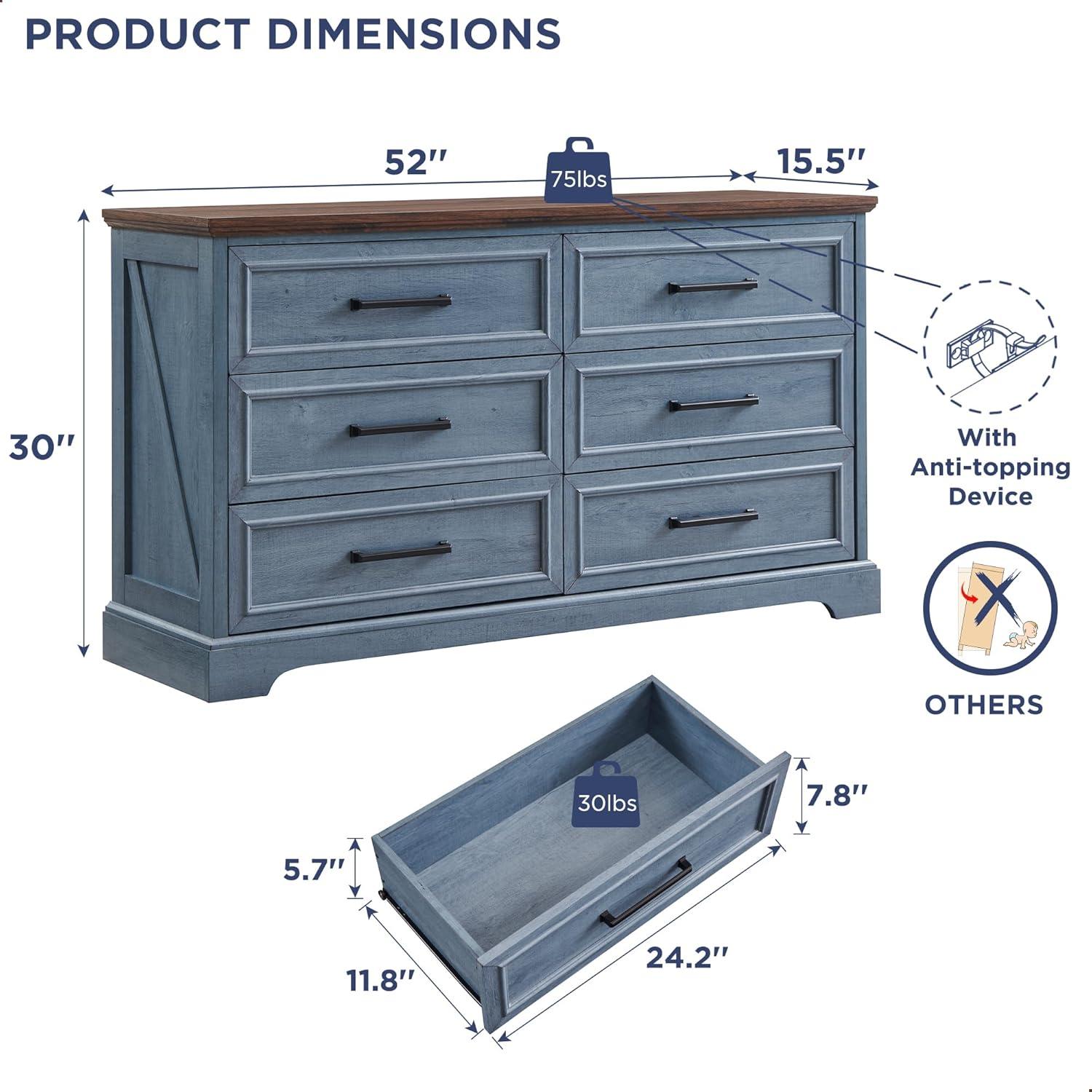Lark Manor™ Ursula 52"W Farmhouse 6 Wide Drawer Dresser, Bedroom Chest of Drawers With  Anti-Tip Design