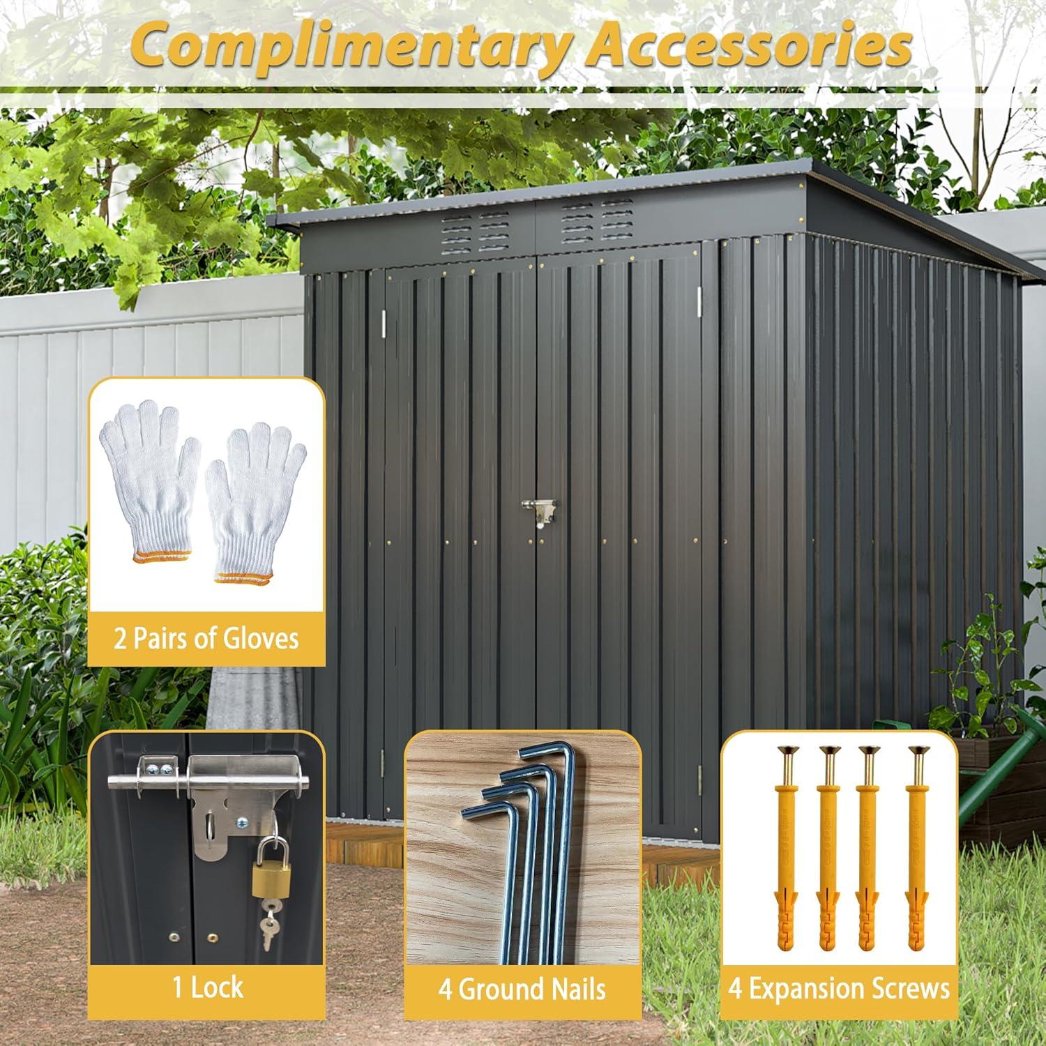 6x4 FT Backyard Garden Tools Storage Shed,Black Aluminium Frame Storage Shed,Metal Outdoor Storage Shed with Lockable Door and Floor Frame-Coolbibila