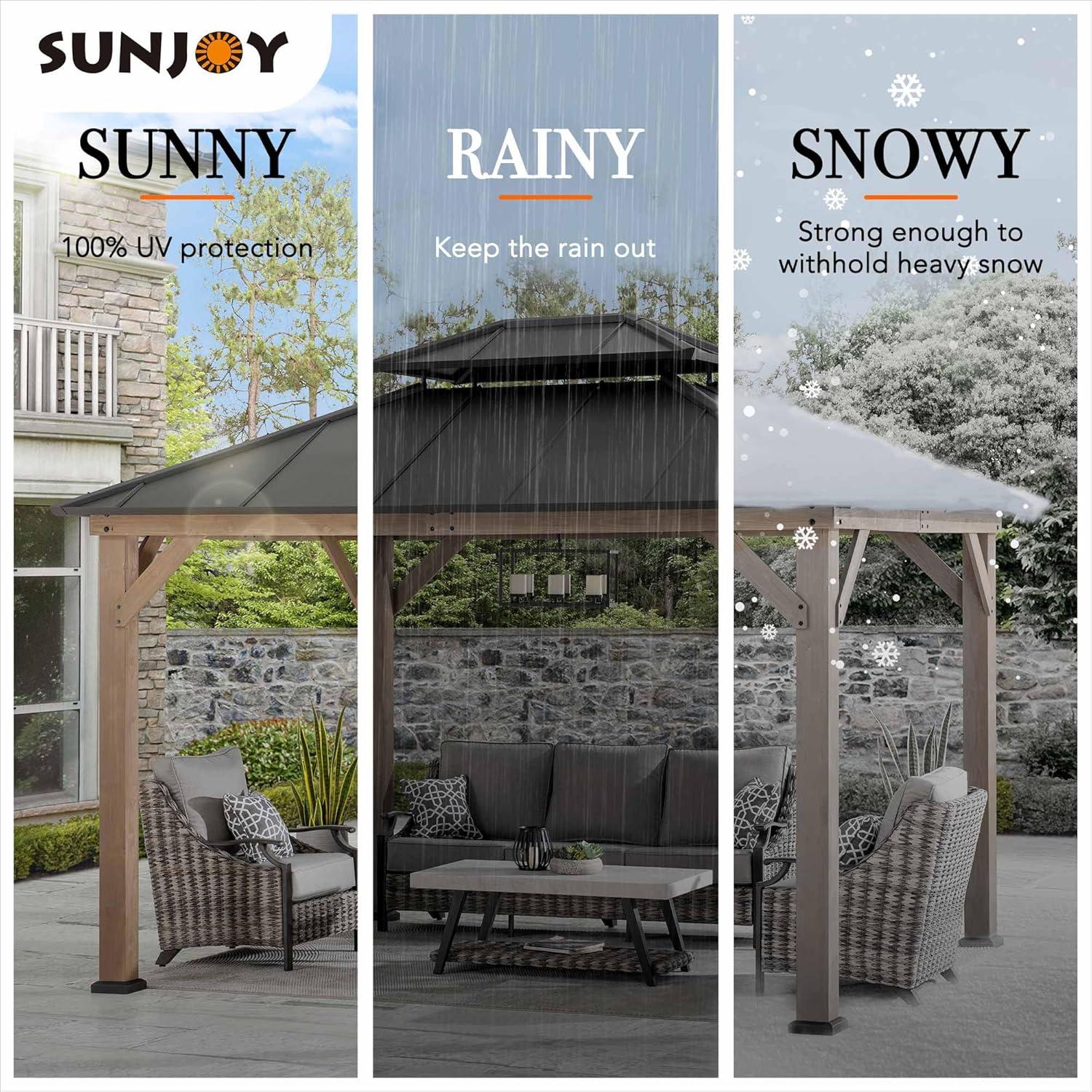 SUNJOY 10 x 12 ft. Wood Gazebo, Outdoor Patio Steel Hardtop Gazebo, Cedar Framed Wooden Gazebo with 2-Tier Metal Roof, Suitable for Patios, Lawn and Backyard, Dark Brown Roof + Dark Wood Frame