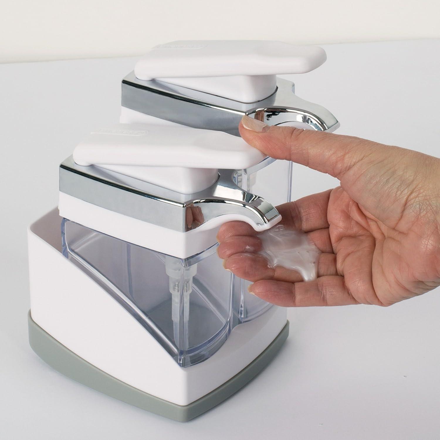 Casabella Sink Sider Duo Soap Dispensers with Sponge, for Dish & Hand Soap, Chrome Plating, White